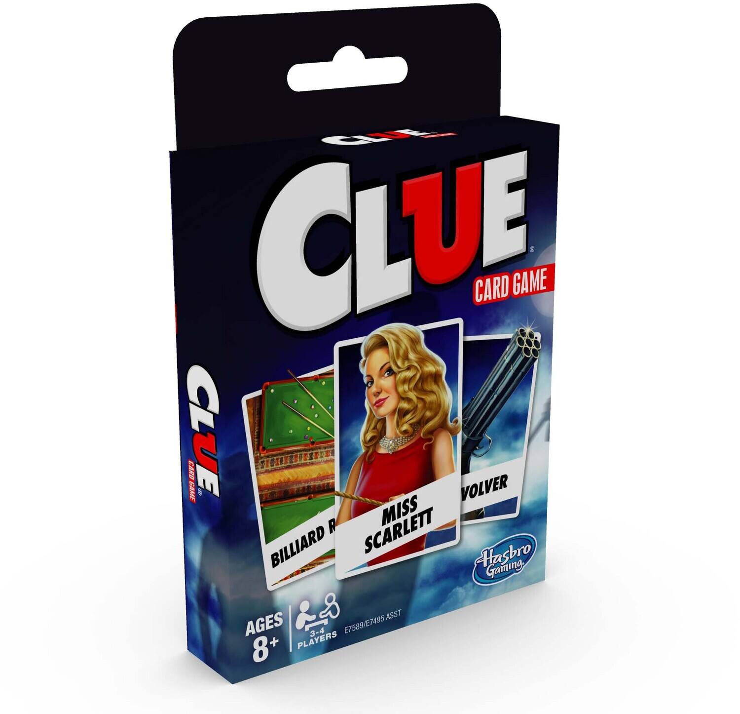 CLUE CARD GAME  
MISS SCARLETT  
BILLIARD R  
VOLVER  
Hasbro Gaming  
AGES 8+  
PLAYERS 3-4  
E7589 E7495  
ASST 7495 ASST