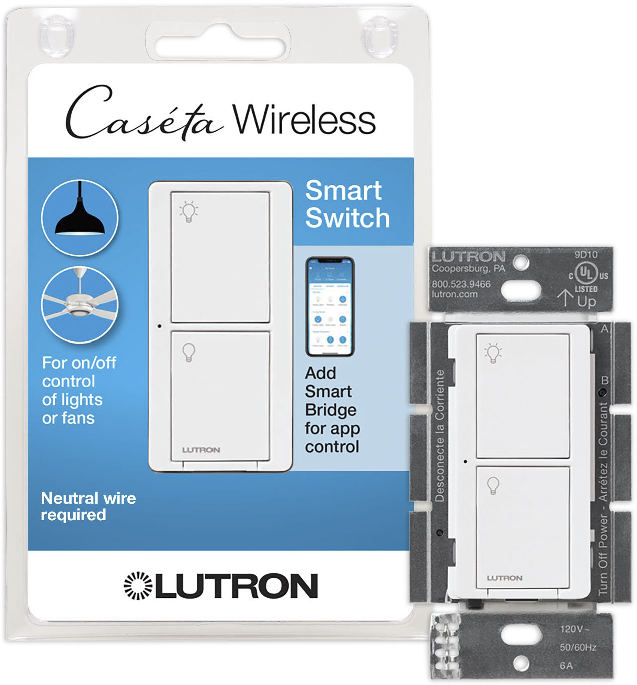NEW Lutron Caseta Wireless In-Wall Light/Fan Switch PD-5ANS-WH-R New 