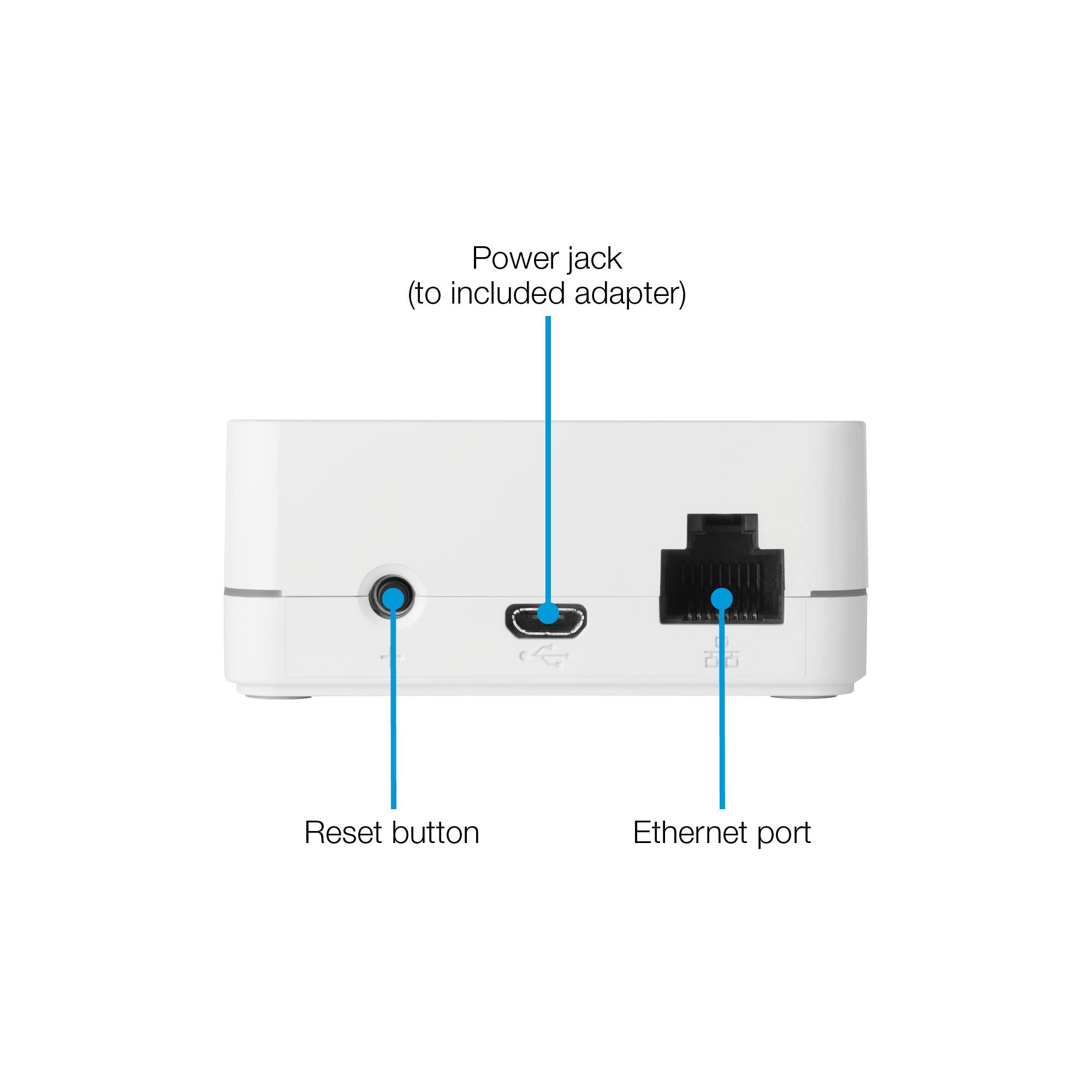 The image shows a white device with a power jack and an ethernet port. There is also a reset button on the device. The device is designed to be used with an included adapter, which is likely to be a power adapter.