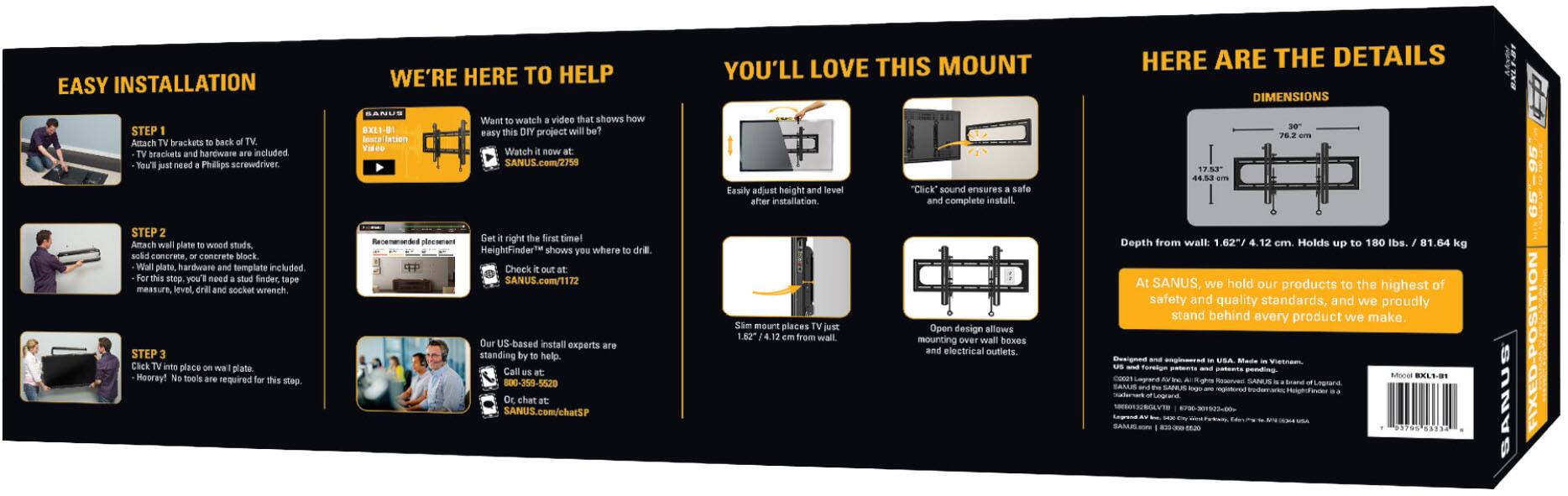 Alt View 16. Sanus - Premium Series Fixed-Position  TV Wall Mount for Most TVs 65"-95" up to 180 lbs - Slim Profile Sits 1.6" From Wall - Black.