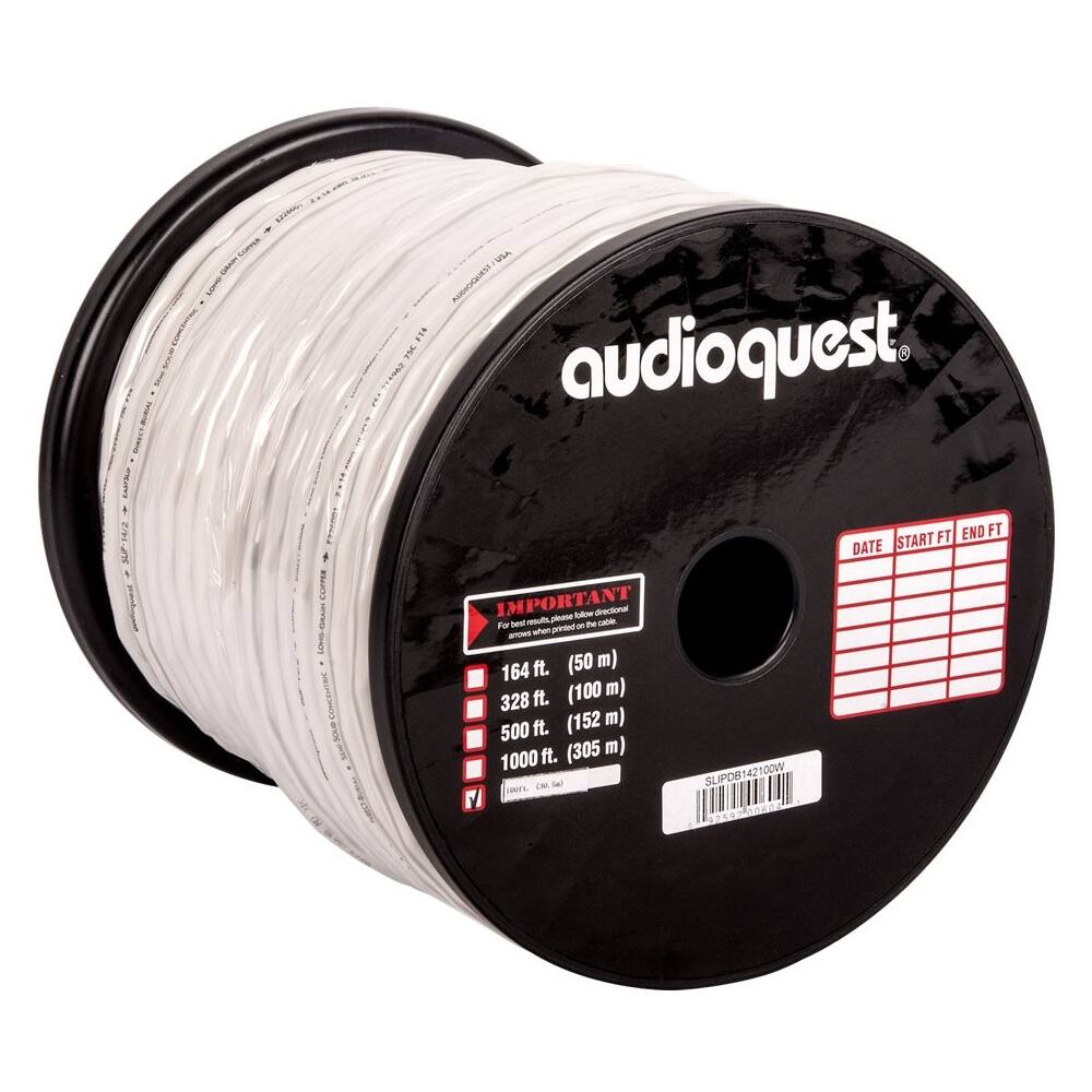 Left. AudioQuest - SLiP/DB-14/2 - 100' CL3/FT4 In-Wall & Direct Burial Rated Bulk Speaker Cable - White with Silver Stripes.