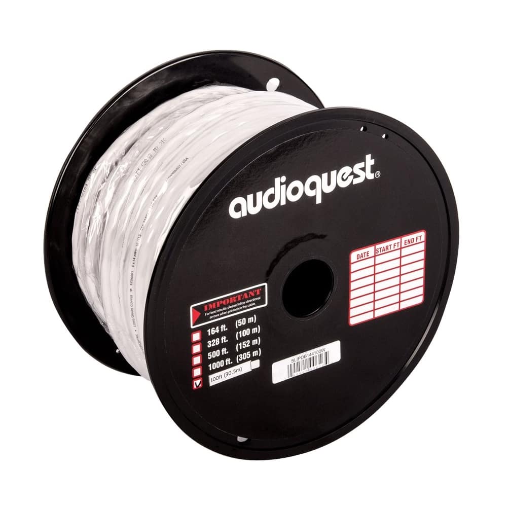 Left. AudioQuest - SLiP/DB-14/4 CL3/FT4 In-Wall & Direct Burial Rated Bulk Spool Speaker Cable - White/Silver Stripe.