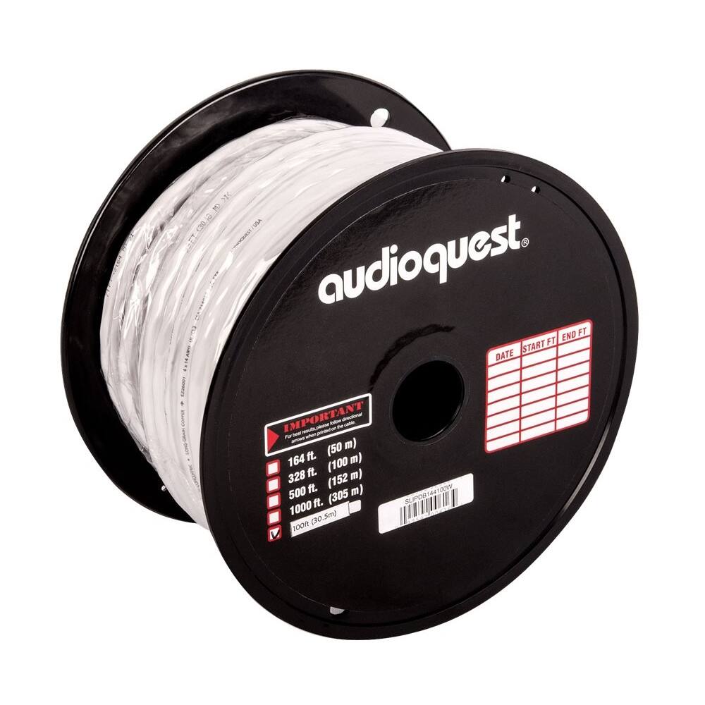 Left. AudioQuest - SLiP/DB-14/4 CL3/FT4 In-Wall & Direct Burial Rated Bulk Spool Speaker Cable - White/Silver Stripe.