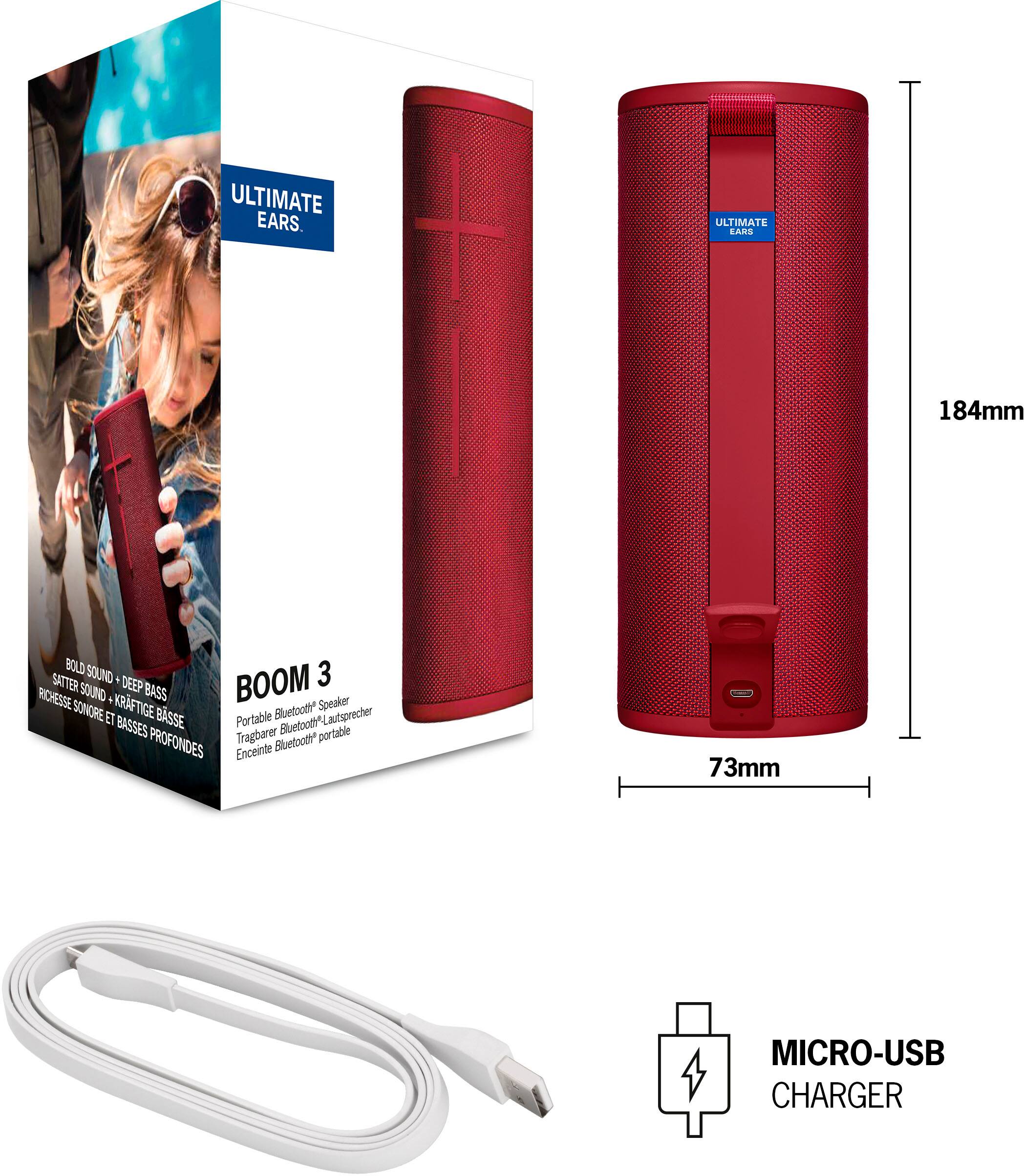 Ultimate Ears. Ultimate Ears 3 SATTER + DEEP BOOM 013C SOUND BASS SONORE KRFTIGE Bluetoote Speaker ET BASSES BSSE Portable Bluefoot Lautsprecher PROFONDES Tragbarer Bluetoote portable Enceinte 73mm MICRO-USB CHARGER.