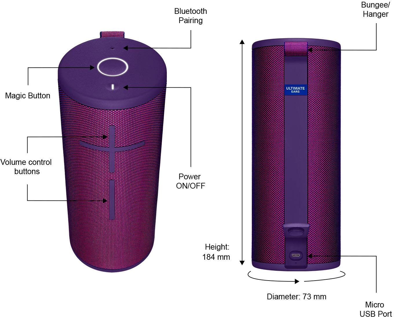 Bluetooth Pairing Bungee/ Hanger Magic Button ULTIMATE EARS Volume control buttons Power ON/OFF Height: 184 mm Diameter: 73 mm Micro USB Port