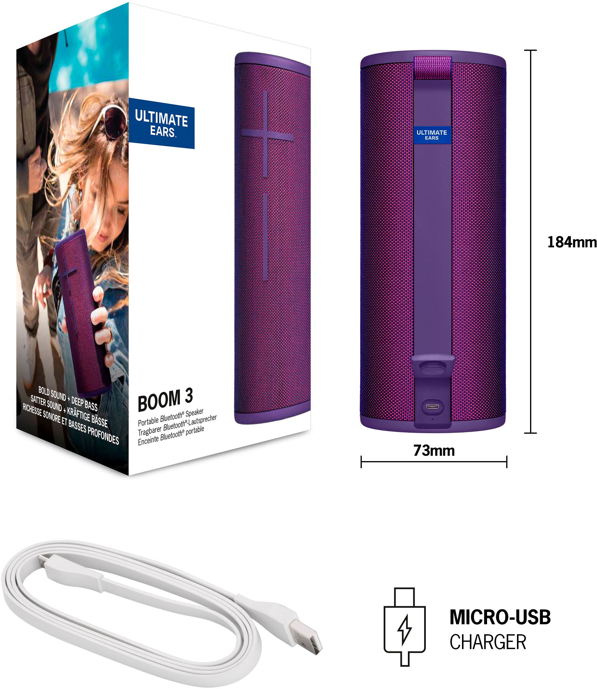 Ultimate Ears. Ultimate Ears BOOM 3. Satter Sound. Deep Bass. Rich Sound. Bold Sound. Portable Bluetooth Speaker. 73mm Micro-USB Charger.