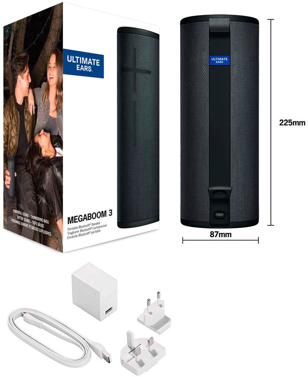 The text on the image is already grouped and correct. It reads: "ULTIMATE EARS ULTIMATE EARS 225mm POWERFIAL SOUND 3 POSSANCE SATER SOUNO TRUNDERING, TEPE BASS MEGABOOM Speaker SONCRE E -k Bluetooth BASIGES EXPLOSNVES Tragbarer Portable Bluetooth-Lautsprecher portable Enceinte Bluetoot* 87mm."