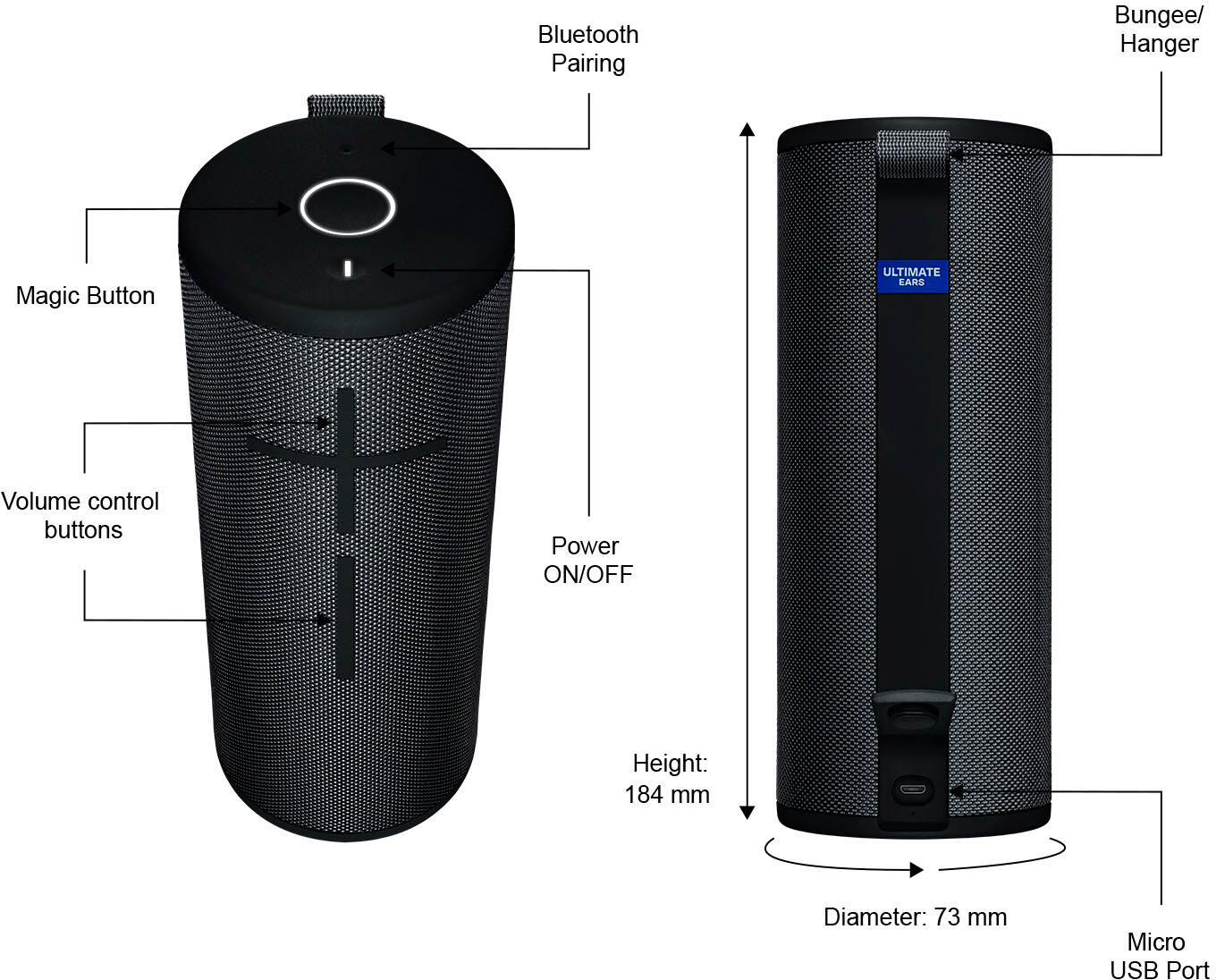 The image shows a Bluetooth speaker and a Bluetooth headset, both with diagrams and labels explaining their features. The speaker has a Bluetooth Pairing Bungee/Hanger and a Magic Button, as well as a Micro USB Port. The headset has a Volume control button and a Power ON/OFF button. The height of the speaker is 184 mm, and its diameter is 73 mm.