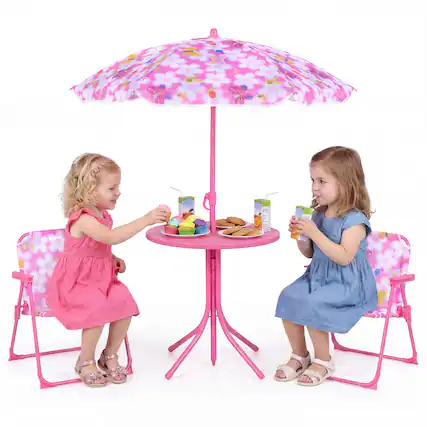 Front. Gymax - Gymax Kids Picnic Table Outdoor Table&Chair Set 2 Folding Chairs&Adjustable Umbrella Pink - Pink.