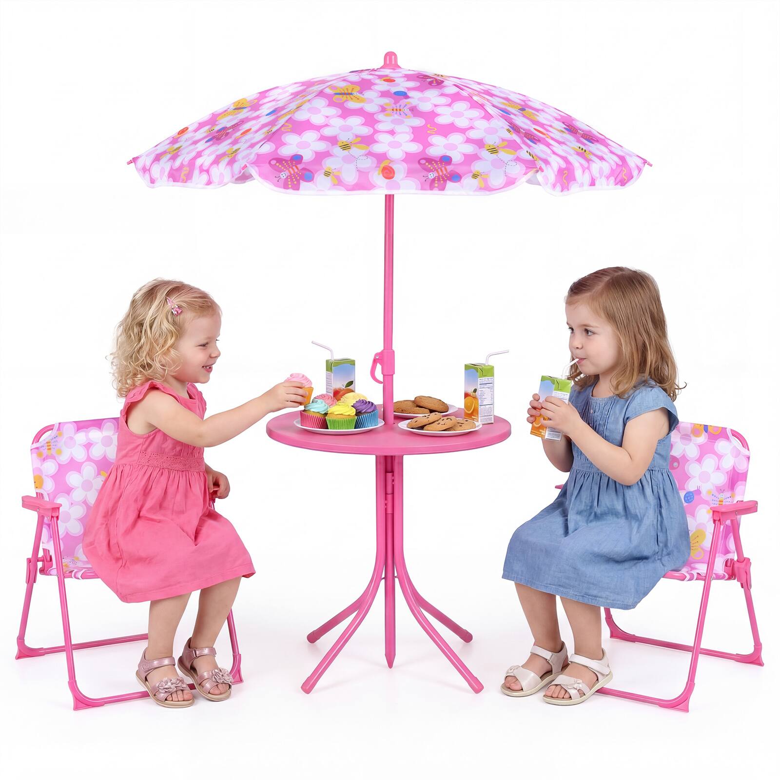 Front. Gymax - Gymax Kids Picnic Table Outdoor Table&Chair Set 2 Folding Chairs&Adjustable Umbrella Pink - Pink.