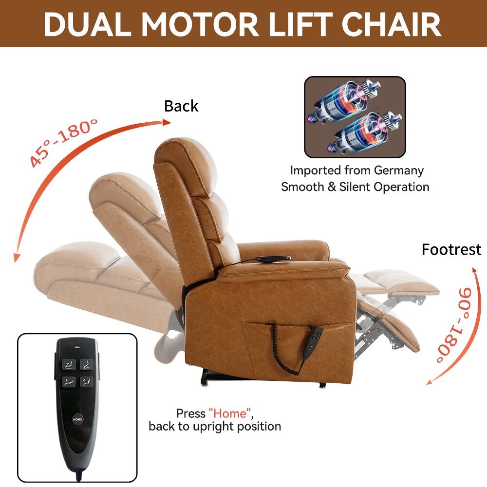 DUAL MOTOR LIFT CHAIR

45°-180° HOME

Back

Imported from Germany
Smooth & Silent Operation

Footrest
0°-80°

Press "Home", back to upright position