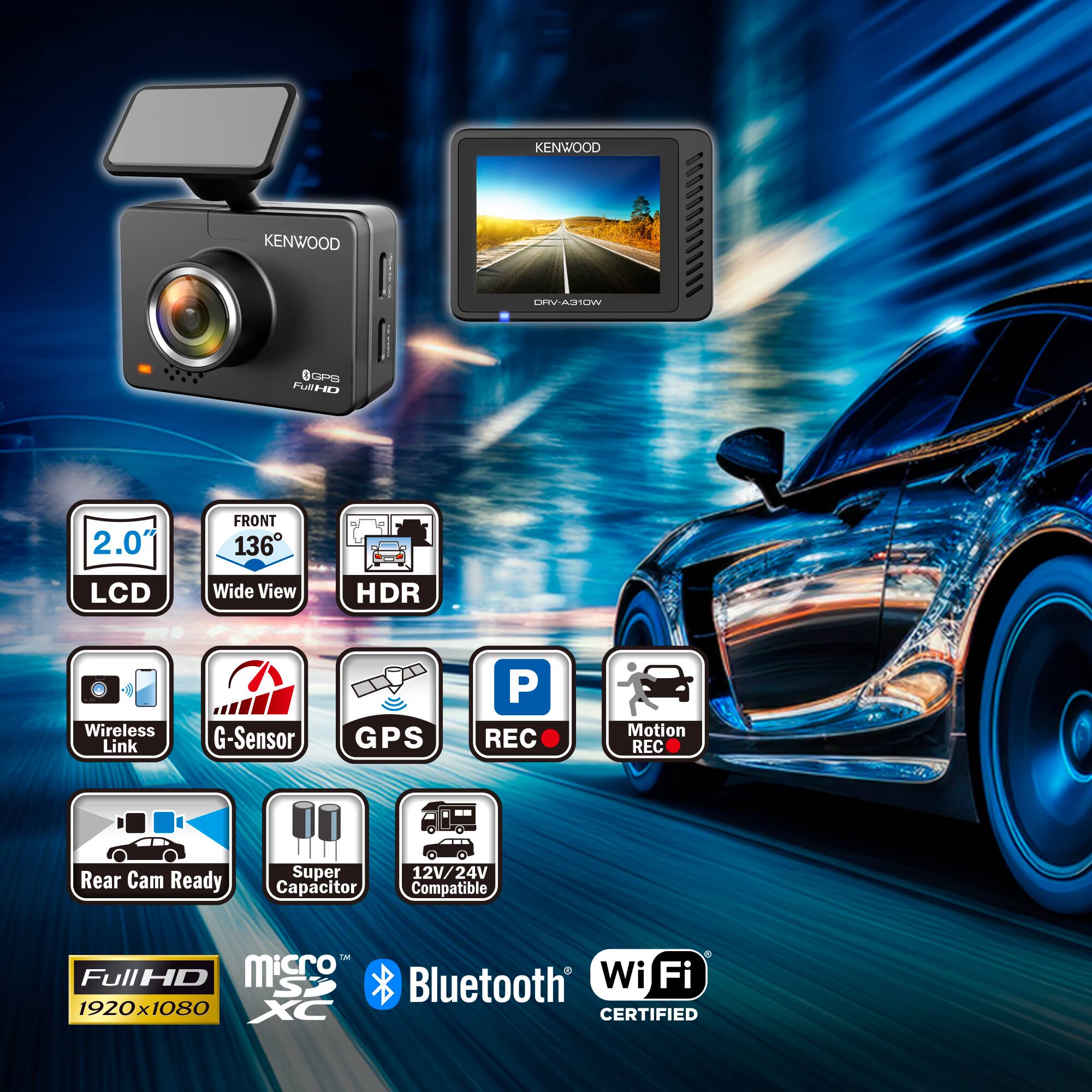KENWOOD LWA1SA GP FURHO 2.0" FRONT 136° LCD Wide View HDR Wireless Link G-Sensor GPS P REC Motion REC -- Rear Cam Ready Super Capacitor 12V/24V Compatible Les . FullHD Micro SD Bluetooth Wi-Fi 1920x1080 x XC CERTIFIED