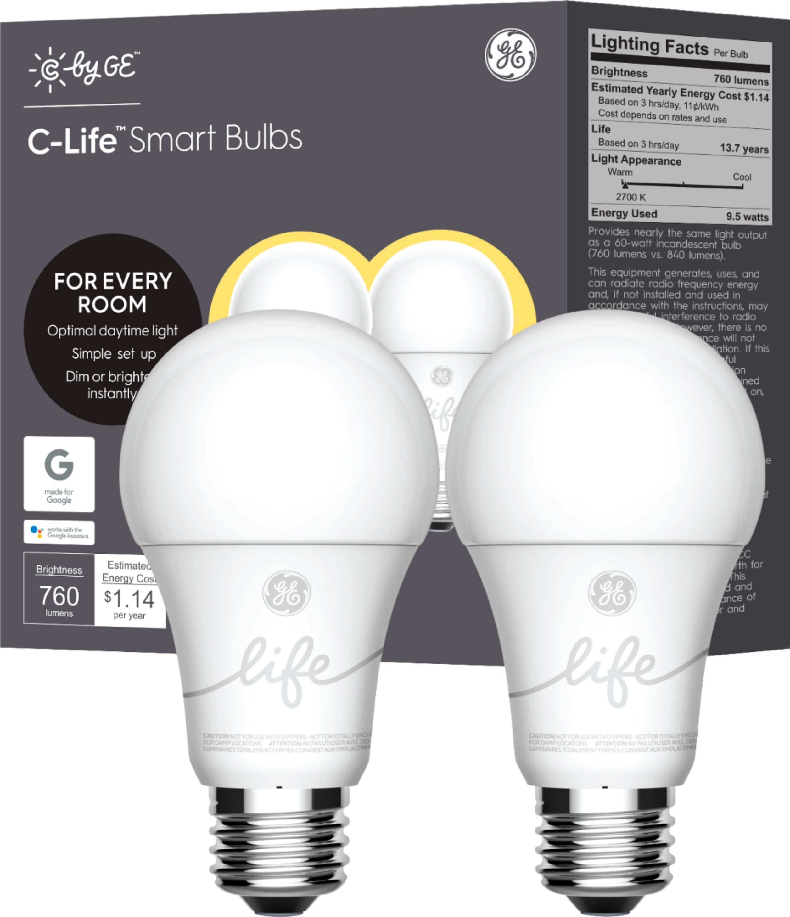 Front. C by GE - A19 Bluetooth Smart LED Bulb with Google Assistant/Alexa/HomeKit (2-Pack) - White Only.