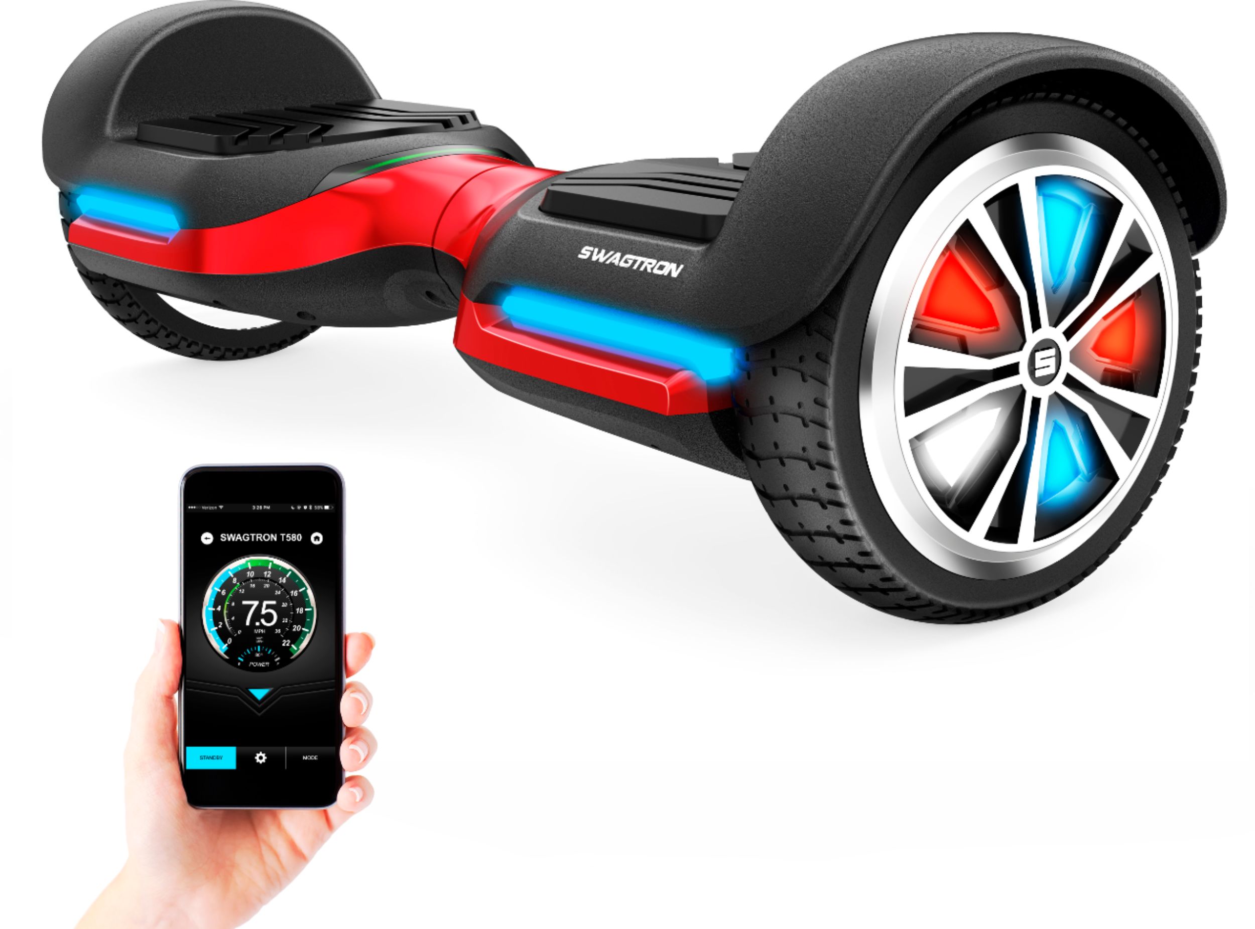 Alt View 11. Swagtron - T588 Self-Balancing Bluetooth Scooter with LED Wheels - Red.