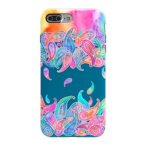 strongfit designers case for apple iphone 7 plus and 8 plus - rainbow paisley rain on blue