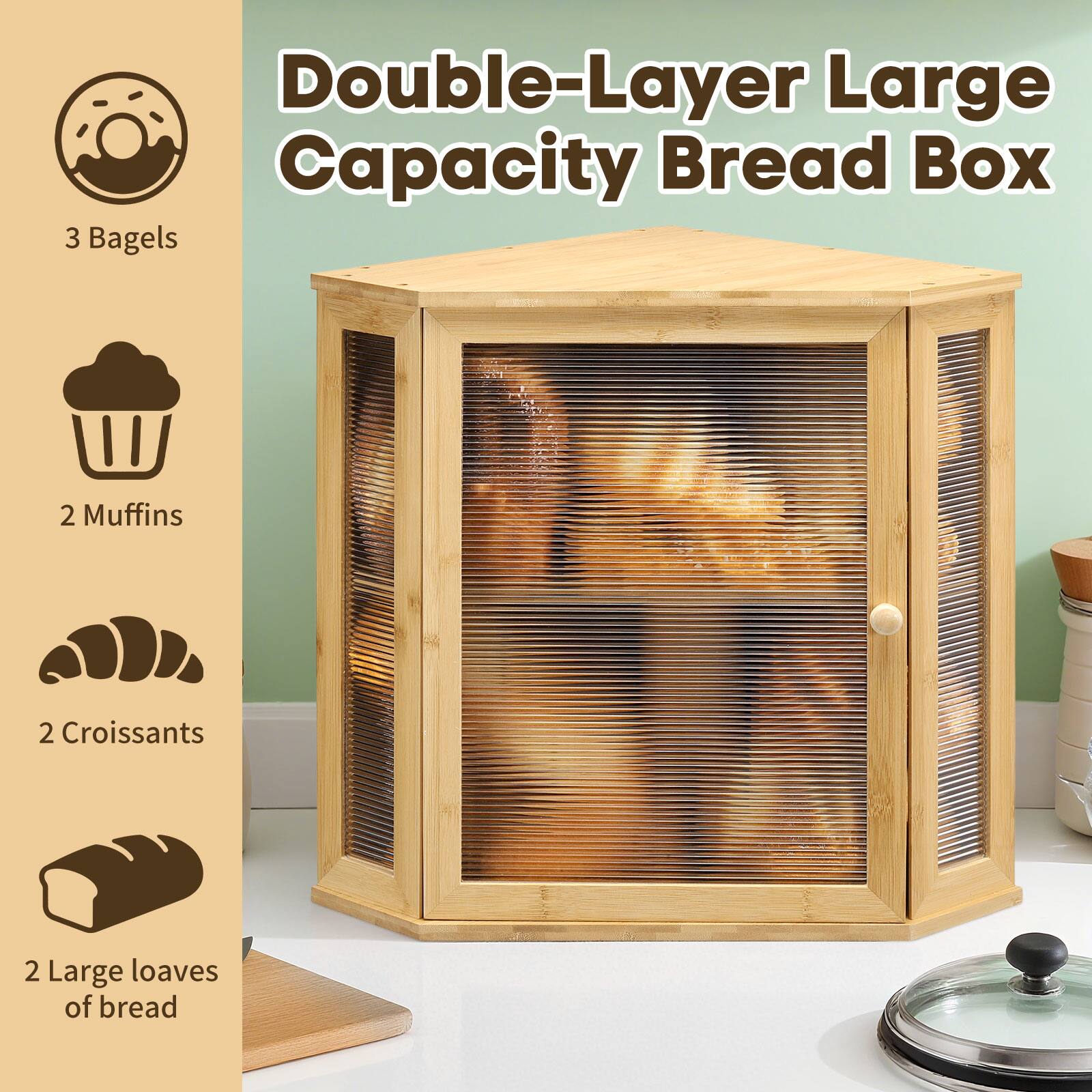Double-Layer Large Capacity Bread Box

- 3 Bagels
- 2 Muffins
- 2 Croissants
- 2 Large loaves of bread