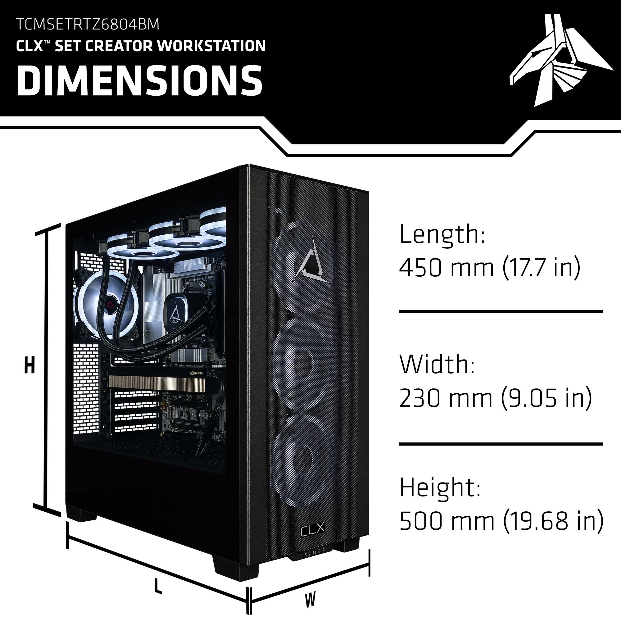 TCMSETRTZ6804BM  
CLX SET CREATOR WORKSTATION  
DIMENSIONS  

Length: 450 mm (17.7 in)  
Width: 230 mm (9.05 in)  
Height: 500 mm (19.68 in)