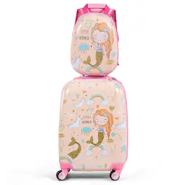 Costway - 2PCS Kids Luggage Set 18'' Rolling Suitcase & 12'' Backpack Travel ABS Mermaid Pink - flesh pink