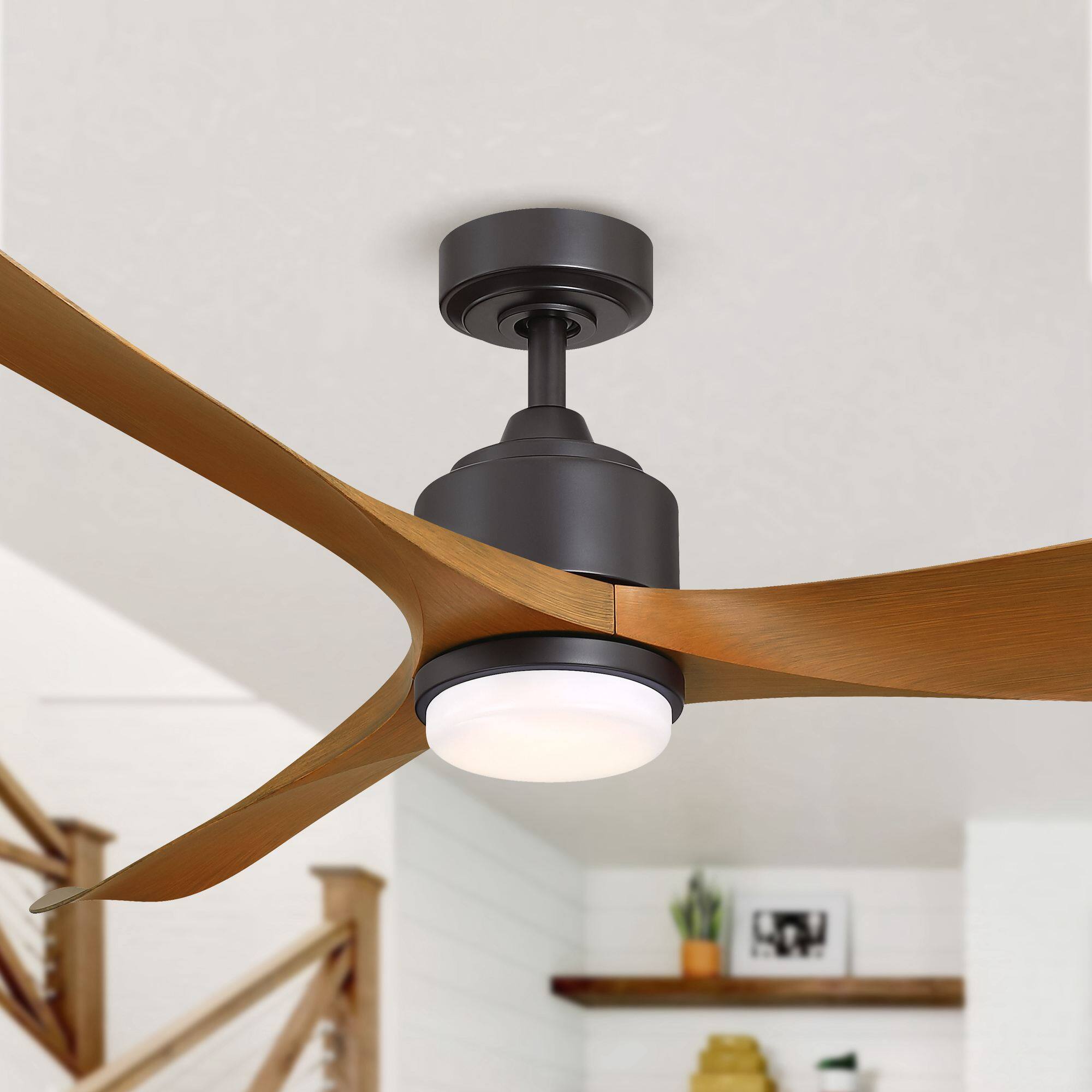 Front. Parrot Uncle - 66" Modern Brown 3-Blade Dimmable Ceiling Fan with Light and Remote - Oil Rubbed Bronze.