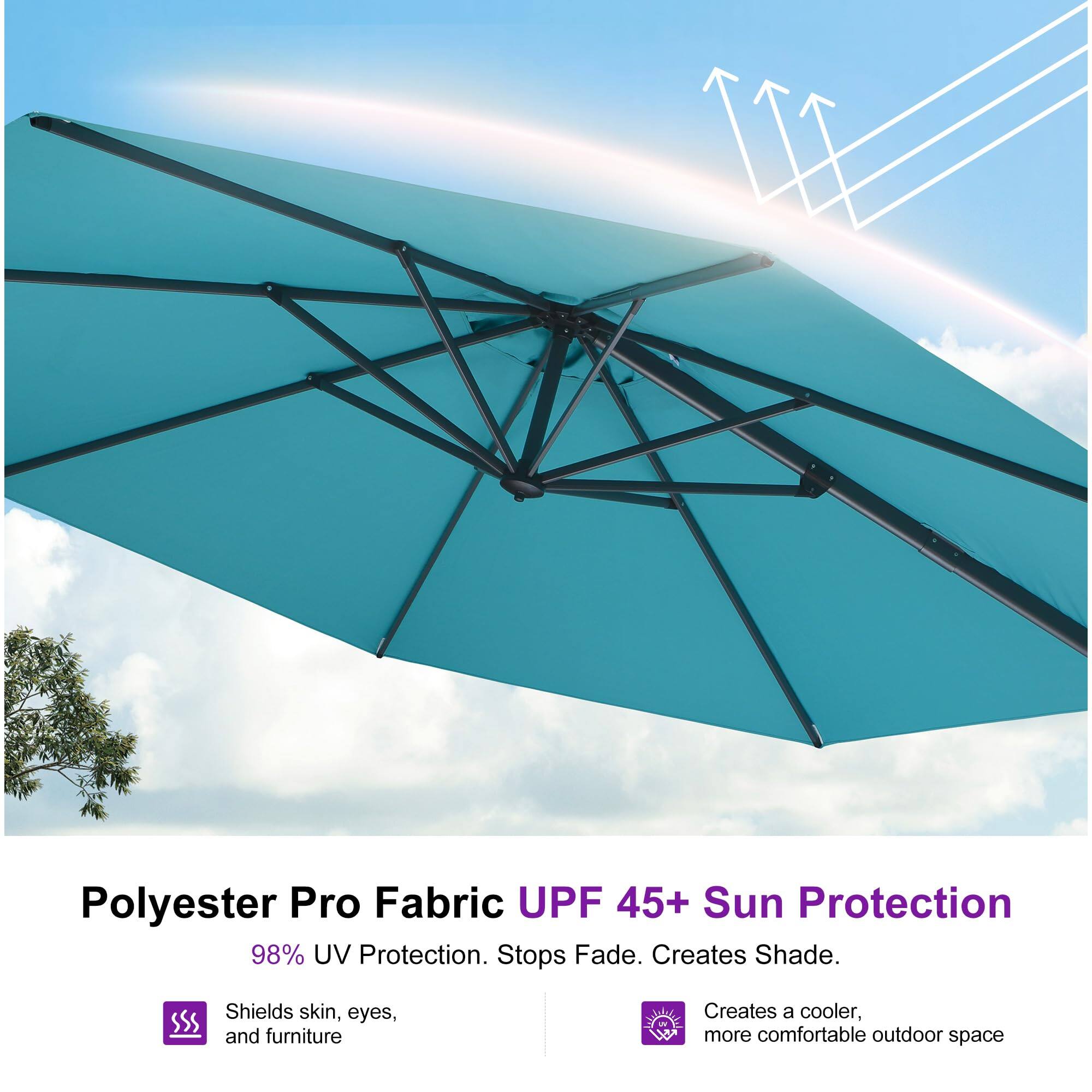 Polyester Pro Fabric UPF 45+ Sun Protection

98% UV Protection. Stops Fade. Creates Shade.

- Shields skin, eyes, and furniture
- Creates a cooler, more comfortable outdoor space