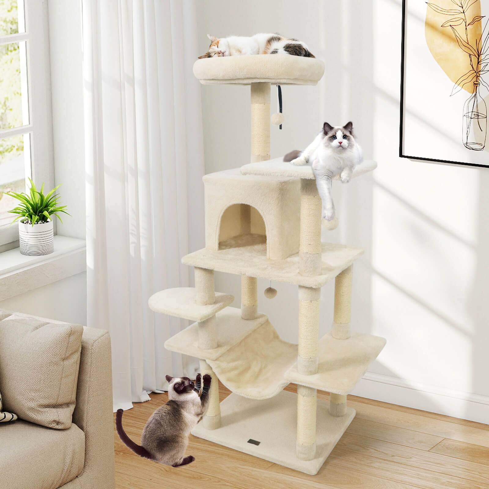 Alt View 3. Costway - Costway 58" Tall Multi-level Cat Tree with Upholstered Perch & Cat Condo, Comfy Hammock.