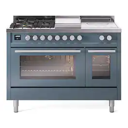 ILVE - Professional Plus II Series 48 in. Dual Fuel Range with 5 Sealed Burners + Griddle (Natural Gas, Satin Trim) - Blue Grey