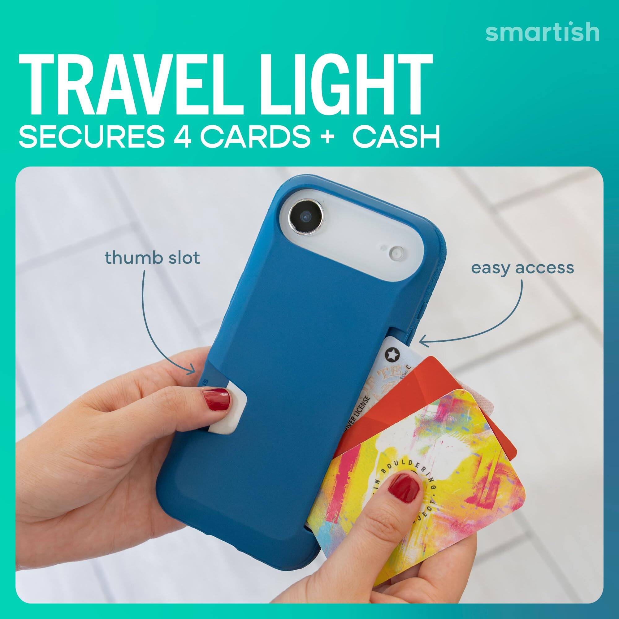 smartish TRAVEL LIGHT SECURES 4 CARDS + CASH

thumb slot

easy access
