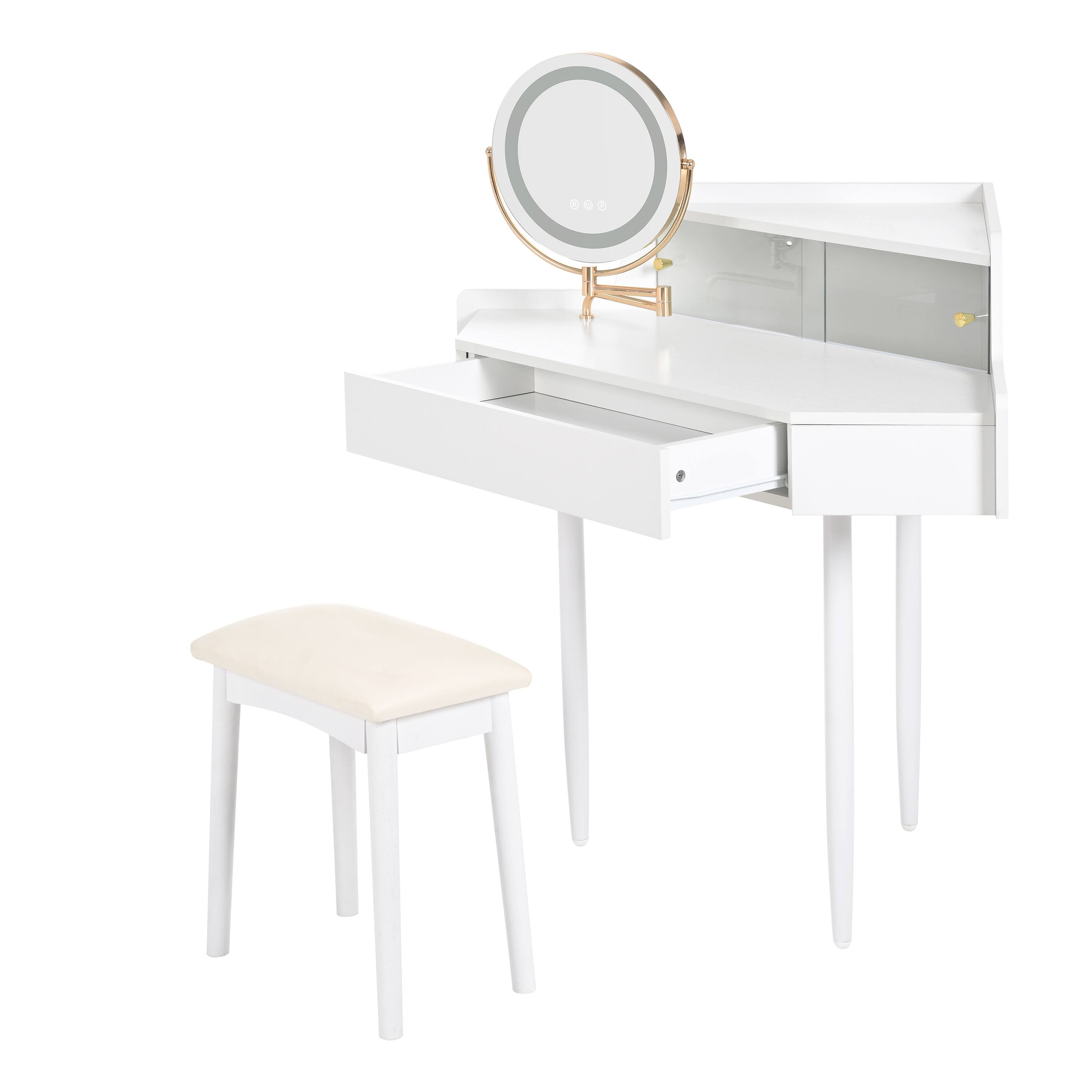 Ecooso - Corner Makeup Vanity Desk with Large Storage, LED Mirror, Stool, Adjustable Brightness, Space-Saving - White
