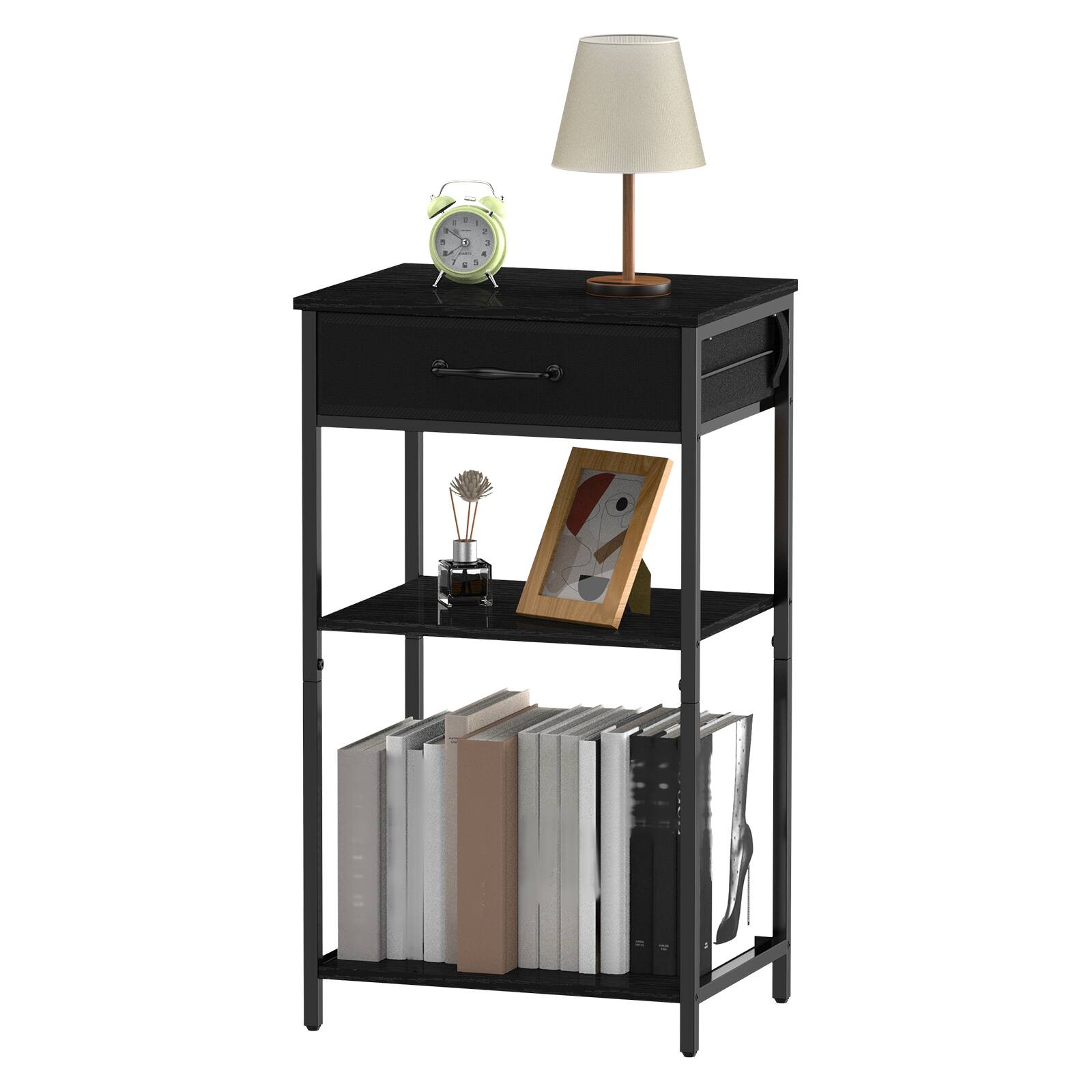 Alt View 1. Oumilen - Black 3-Tier Printer Stand with Fabric Drawer & Open Shelves - Black.