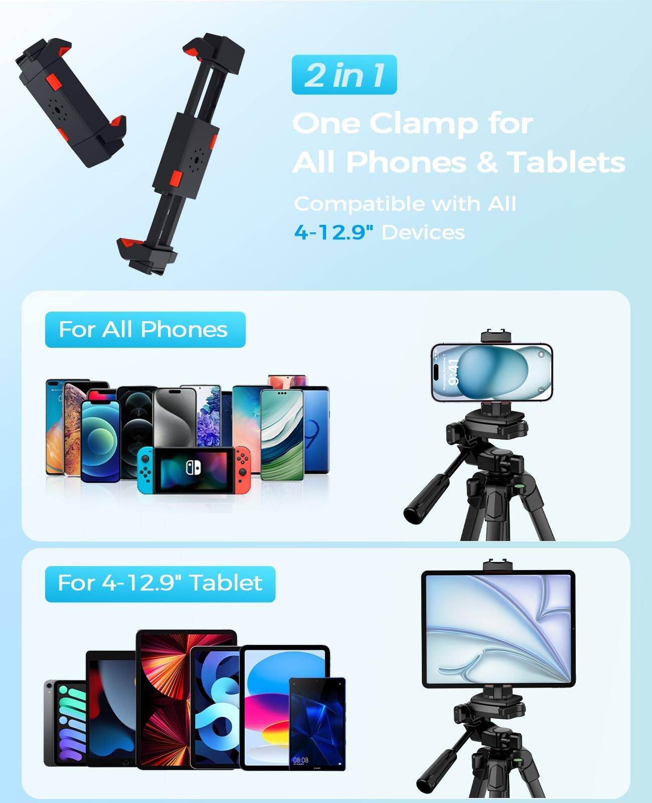 2 in 1  
One Clamp for All Phones & Tablets  
Compatible with All 4-12.9" Devices  

For All Phones  

For 4-12.9" Tablet