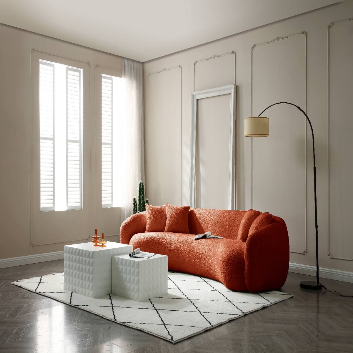 Alt View 3. Ropilly - Ropilly Curved Boucle Sofa, Half Moon Sectional 5 Seater Couch in Orange with 4 Throw Pillows - Orange.