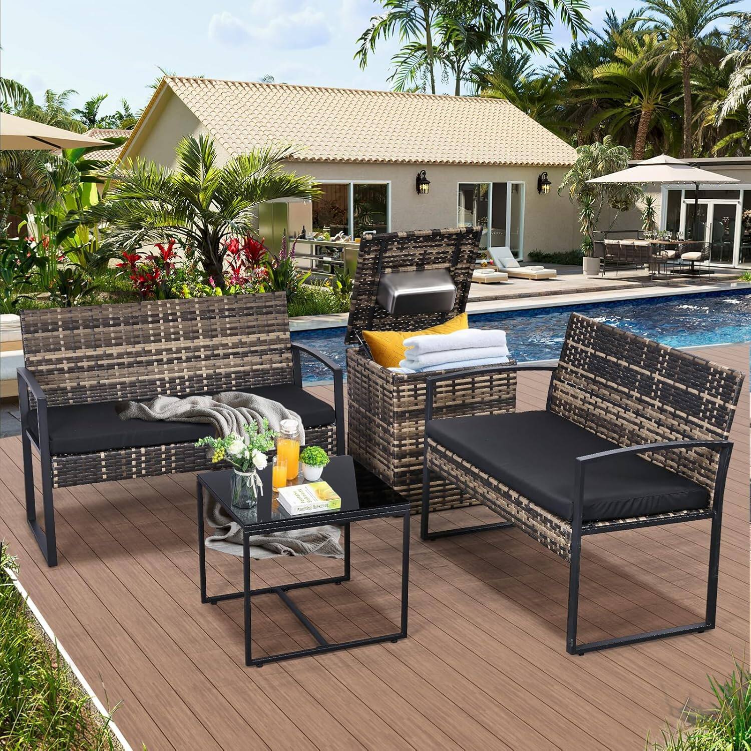 Alt View 1. Ainfox - Ainfox 4Piece Outdoor Patio Furniture Set with Ice Cooler Storage Box & Coffee Table for Outside, Garden, Balcony, Porch - Black.