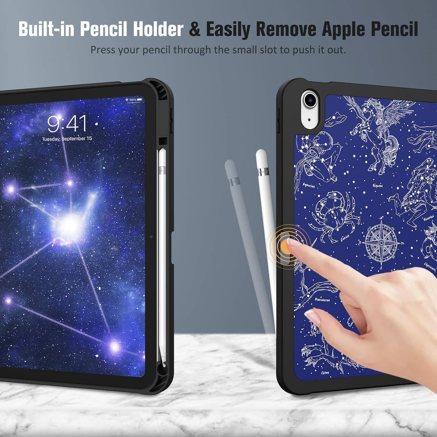 Built-in Pencil Holder & Easily Remove Apple Pencil  
Press your pencil through the small slot to push it out.  

100%  
9:41 Tuesday, September 15  

Aquins  
Karavias  
Capricent,  
Planageros