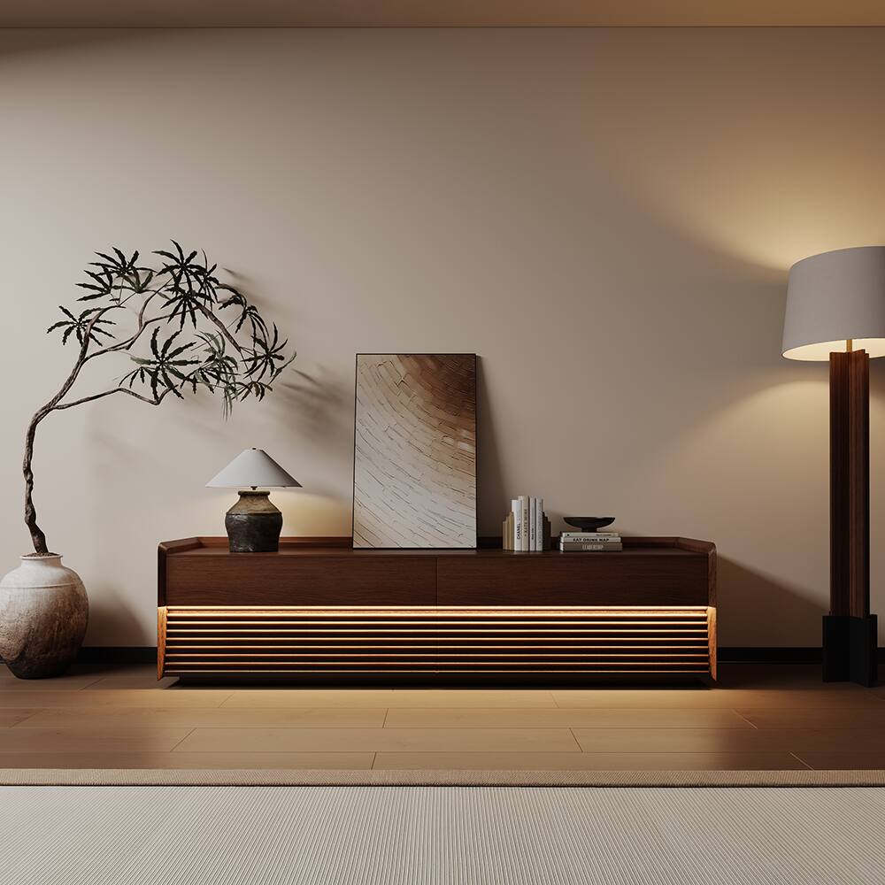 Angle. POVISON - 71"Fully-Assembled Mid-Century TV Stand, Walnut Modern Cabinet with Adjustable Light, Perfect for 65-inch TVs - Walnut.