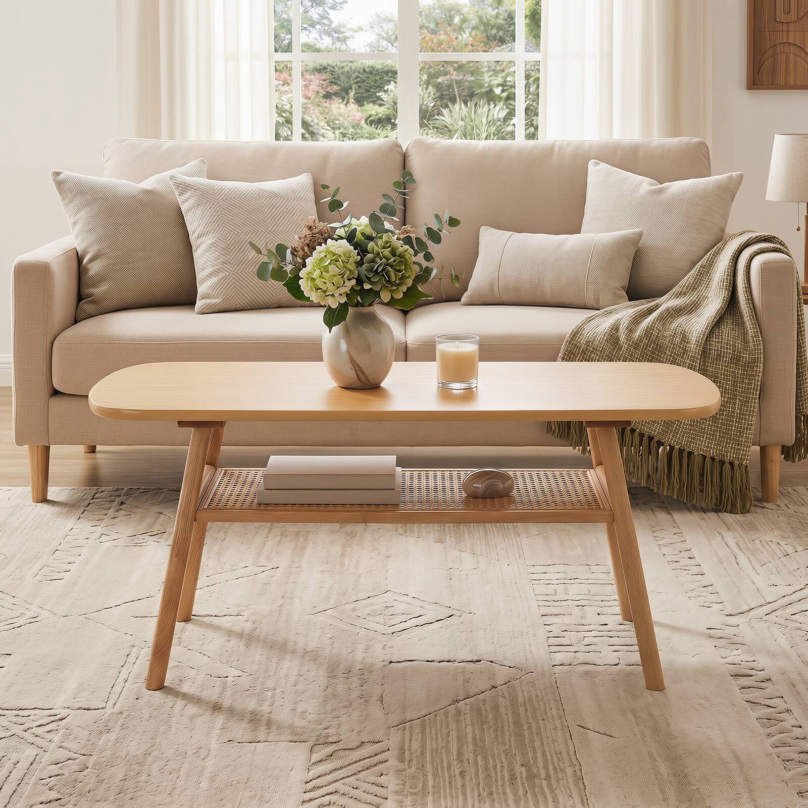 Alt View 3. Gymax - Gymax Boho Rattan Coffee Table 2-Tier Accent Table w/Rounded Corners Storage Shelf Natural - Yellow.