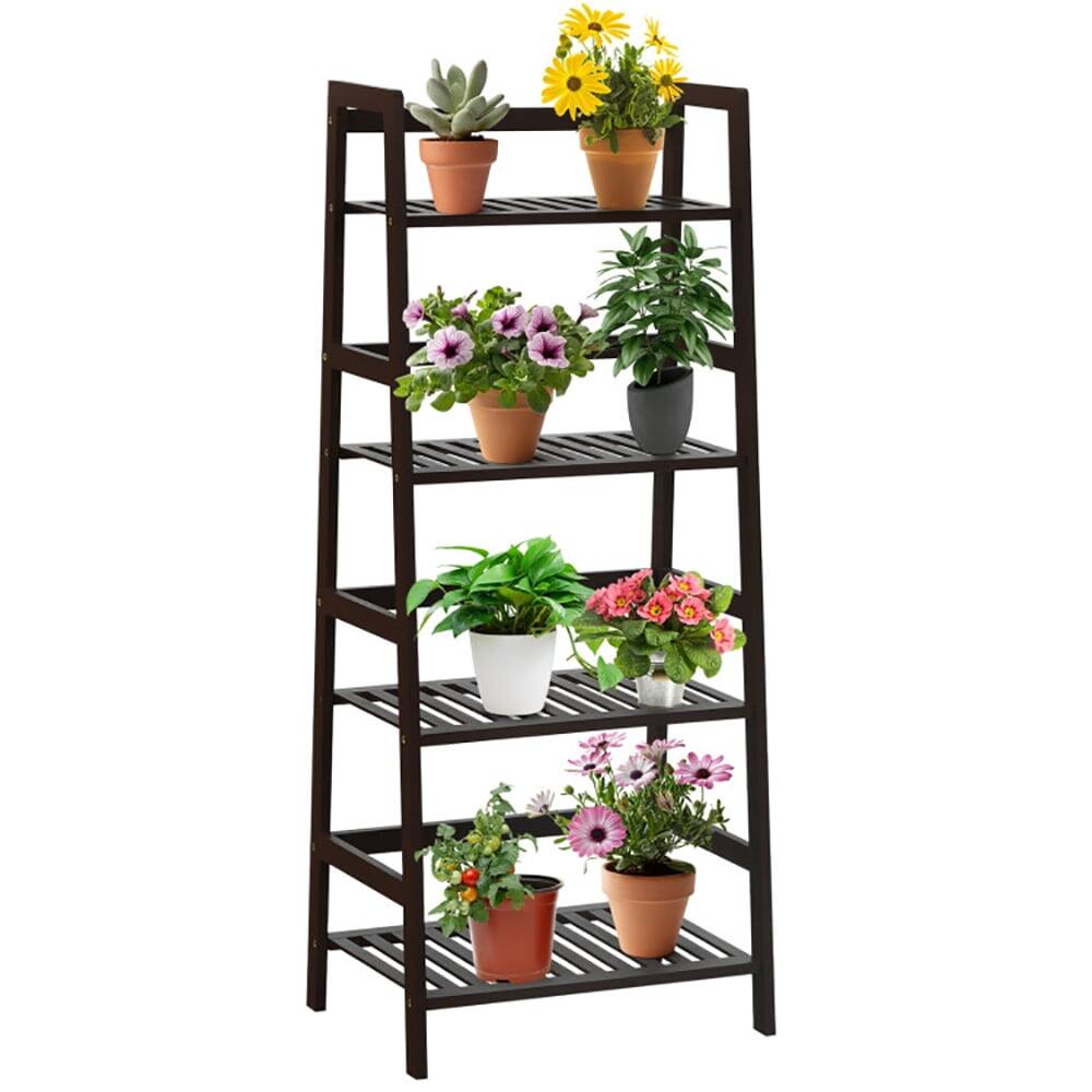Angle. Kadyn - Raised Planter Stand, Large Space Flower Rack Shelf,4-Tier Bamboo Plant Rack with Guardrails Stable-Brown.