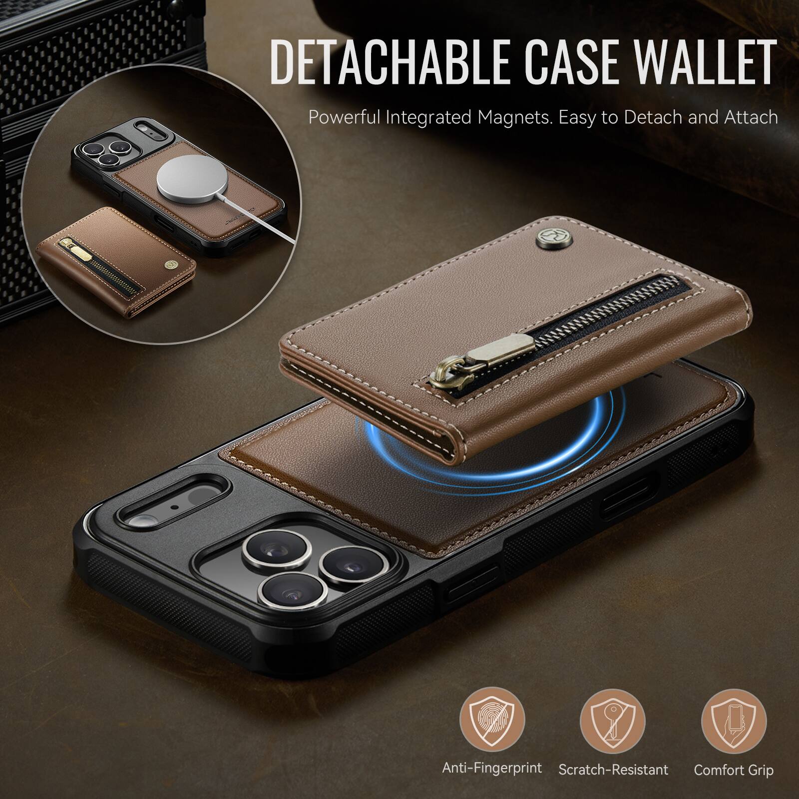 DETACHABLE CASE WALLET  
Powerful Integrated Magnets. Easy to Detach and Attach  

Anti-Fingerprint  
Scratch-Resistant  
Comfort Grip
