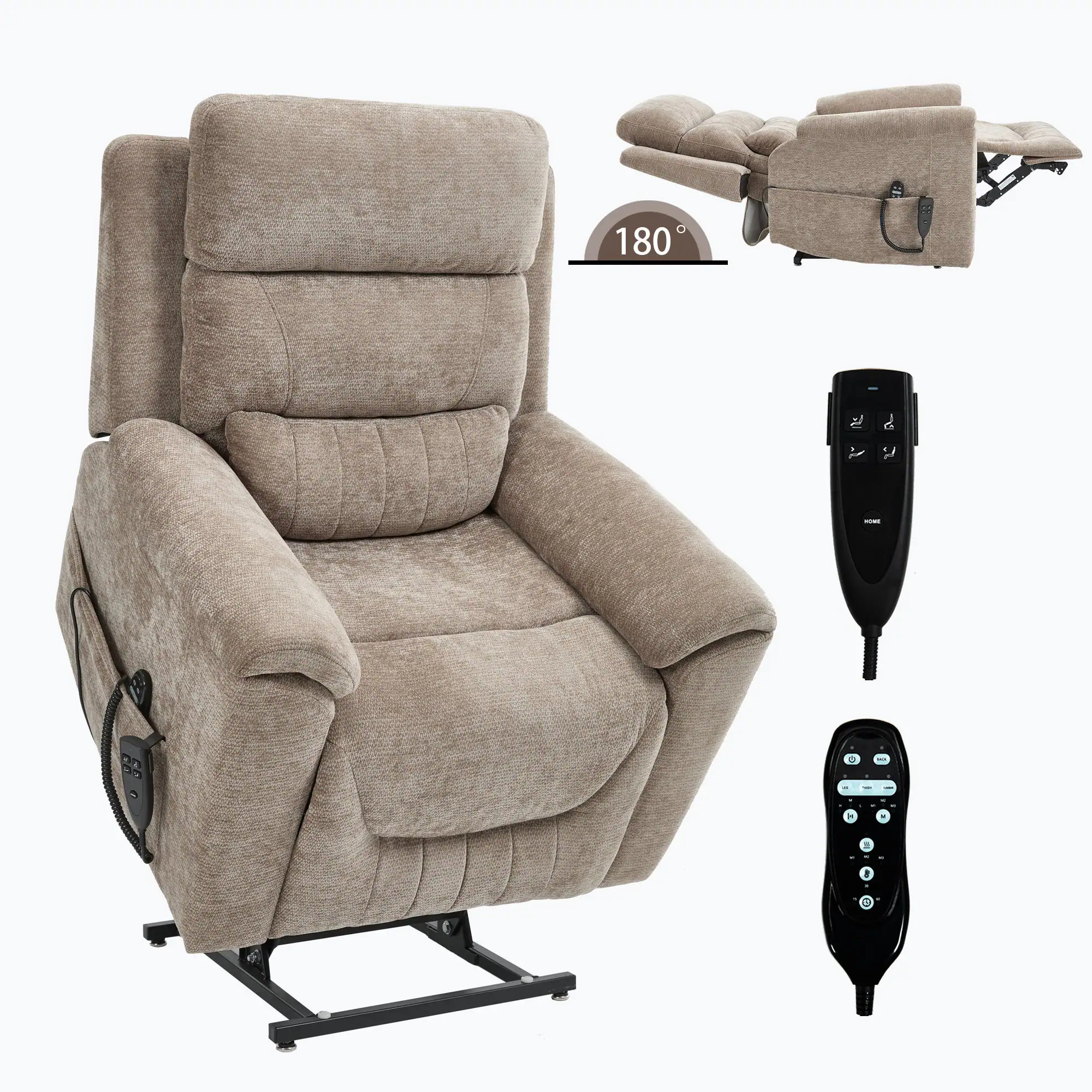 Boyel Living - Chenille Dual Motor Power Lift Recliner Chair, Infinite Position, 350 LBS, 8-Point Massage & Lumbar Heat - Brown Khaki