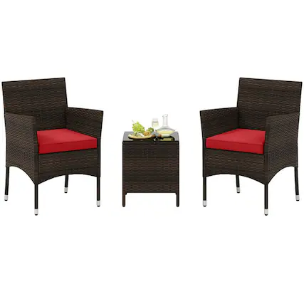 Front. Pefilos - 3 Pieces Outdoor Conversation Set with Cushioned Seat and Glass Tabletop, Patio Furniture Set for Outdoor as Garden - Red.