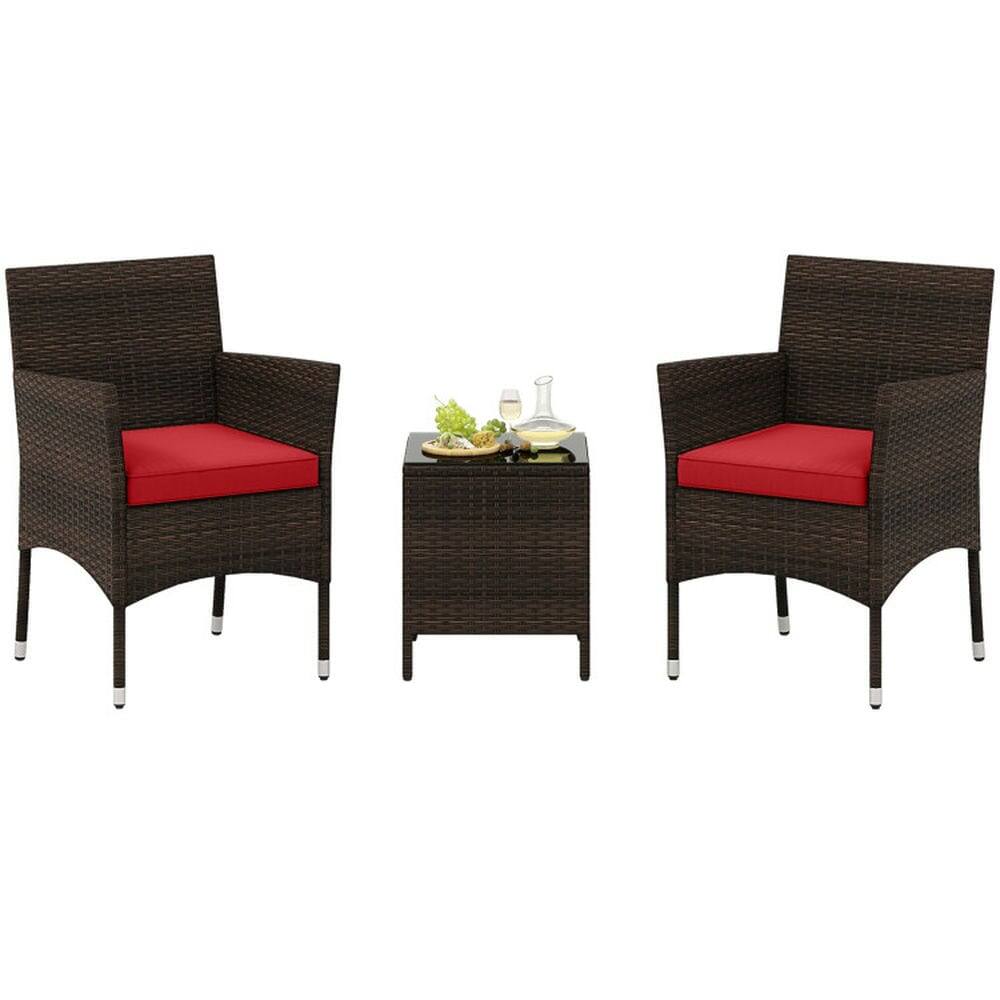 Front. Pefilos - 3 Pieces Outdoor Conversation Set with Cushioned Seat and Glass Tabletop, Patio Furniture Set for Outdoor as Garden - Red.