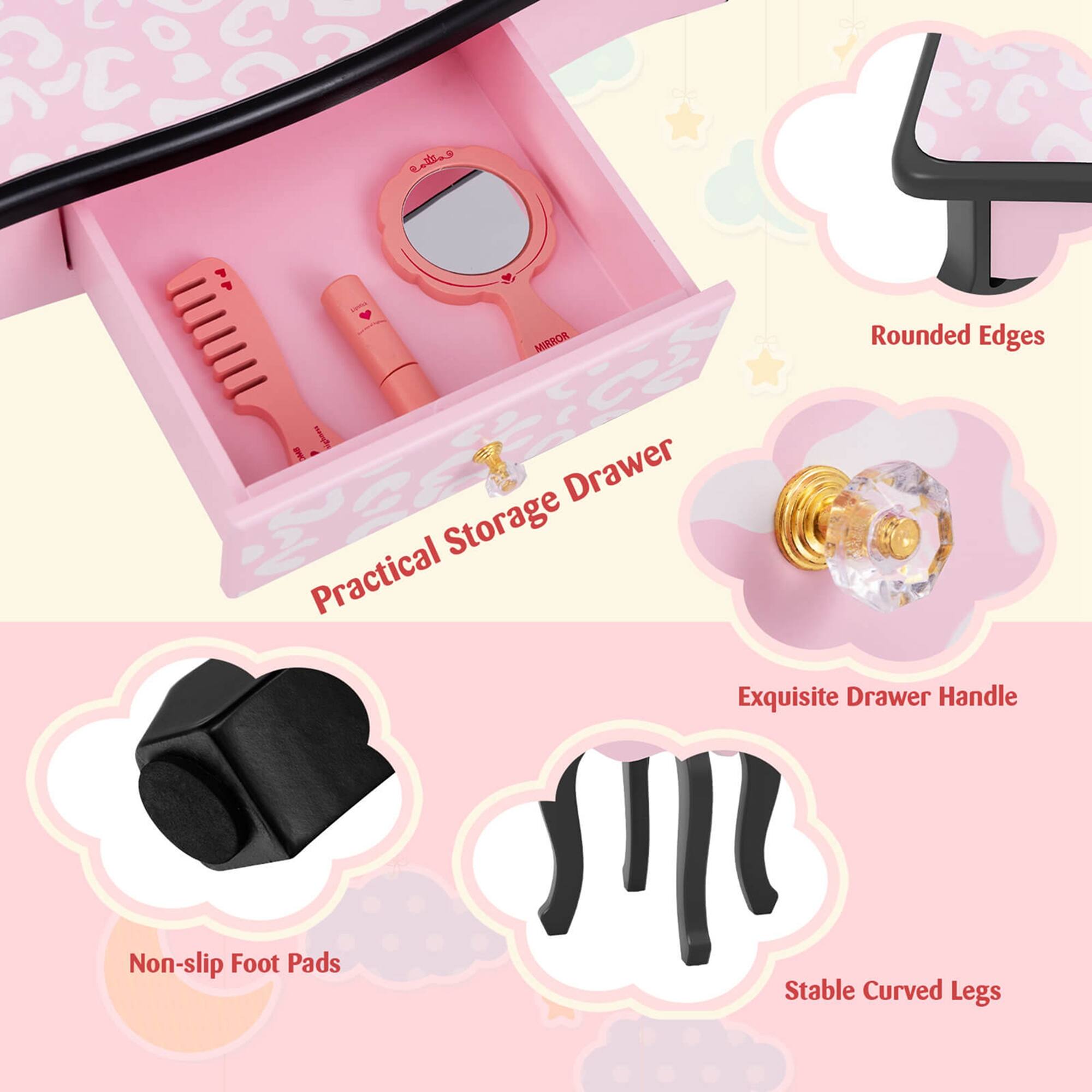 The text in the image can be grouped and corrected as follows:

- **Practical Storage Drawer**
- **Rounded Edges**
- **Exquisite Drawer Handle**
- **Non-slip Foot Pads**
- **Stable Curved Legs**