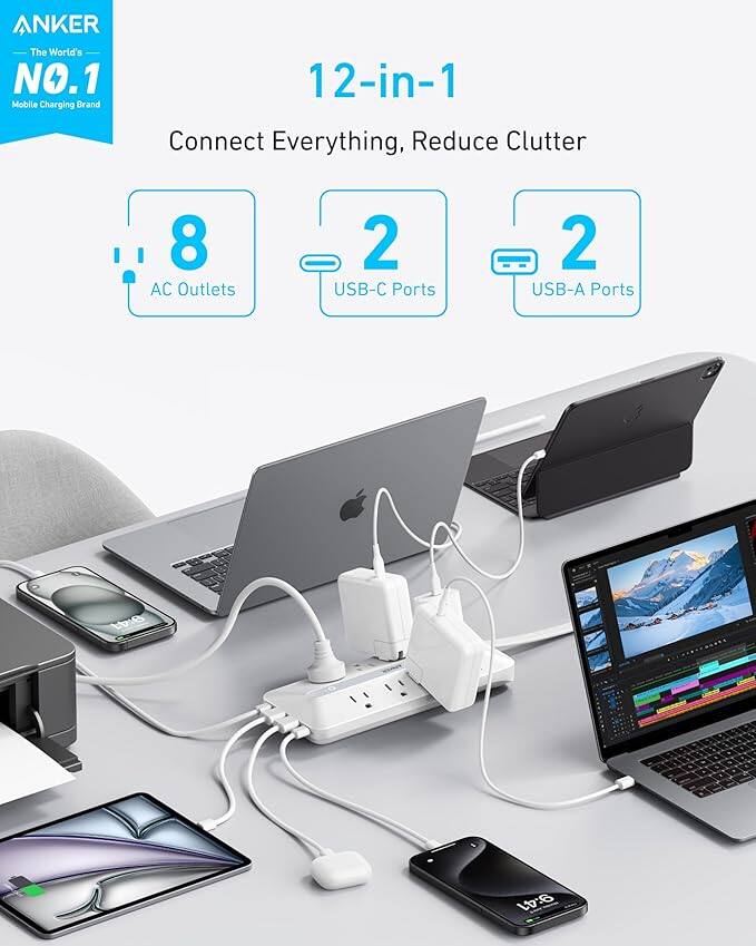 ANKER  
The World's NO.1 Mobile Charging Brand  

12-in-1  
Connect Everything, Reduce Clutter  

8 AC Outlets  
2 USB-C Ports  
2 USB-A Ports
