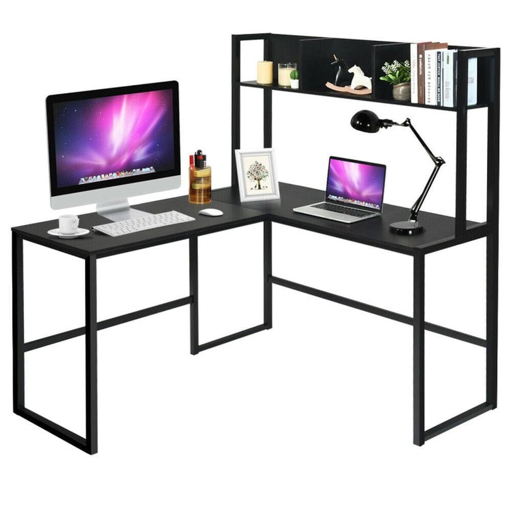 Left. Pefilos - Reversible L-Shaped Corner Desk with Storage Bookshelf-Black, Office Desk, Gaming Computer Desks for Study, Working - Black.