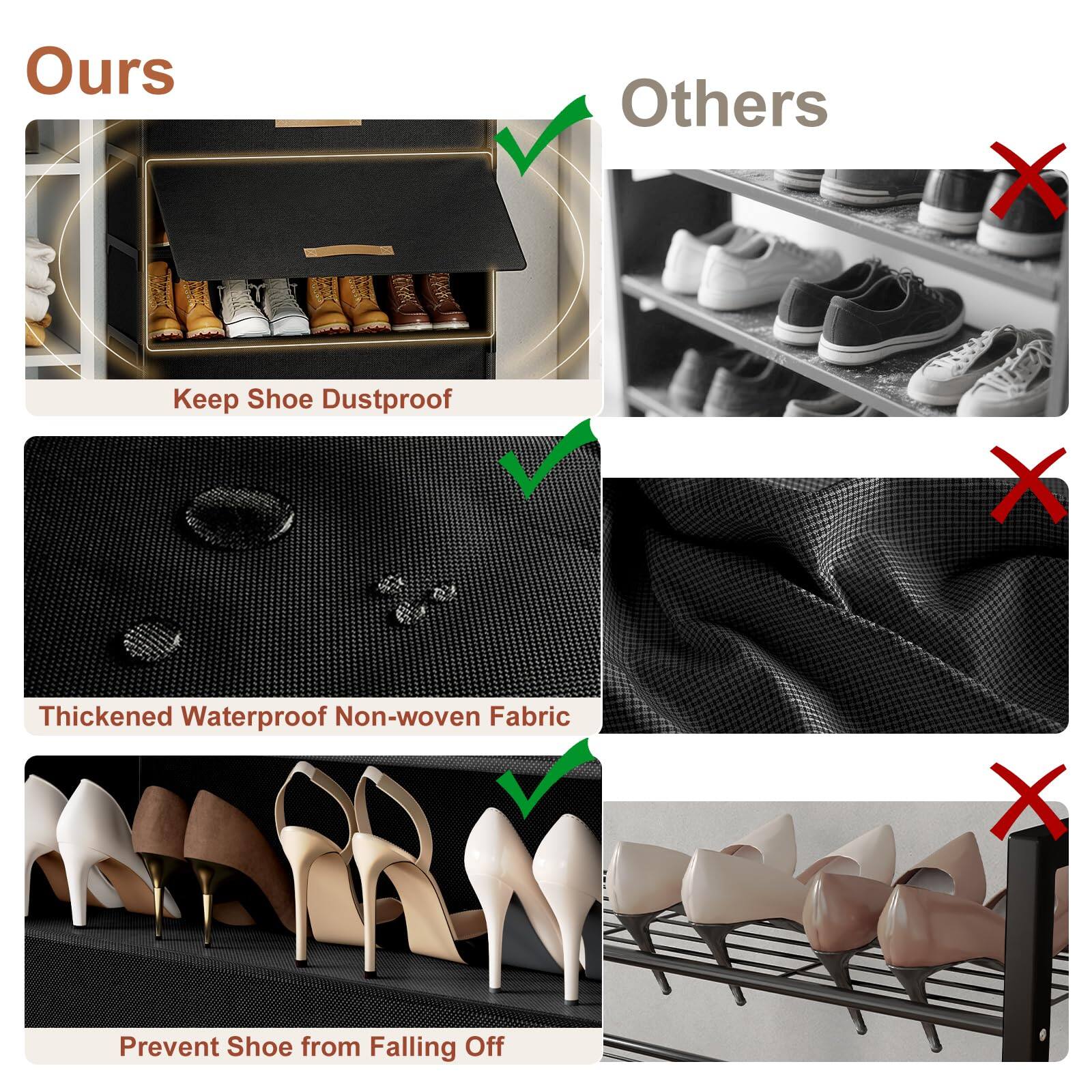 **Ours**

- Keep Shoe Dustproof
- Thickened Waterproof Non-woven Fabric
- Prevent Shoe from Falling Off

**Others**

- (No features listed, only red crosses)