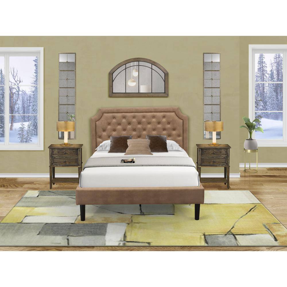 Alt View 2. East West Furniture - GBF-28-F Full Bed Consist of Brown Textured Upholstered Headboard, Footboard and Wood Rails, Slats - Wooden 9 Legs - - Black.