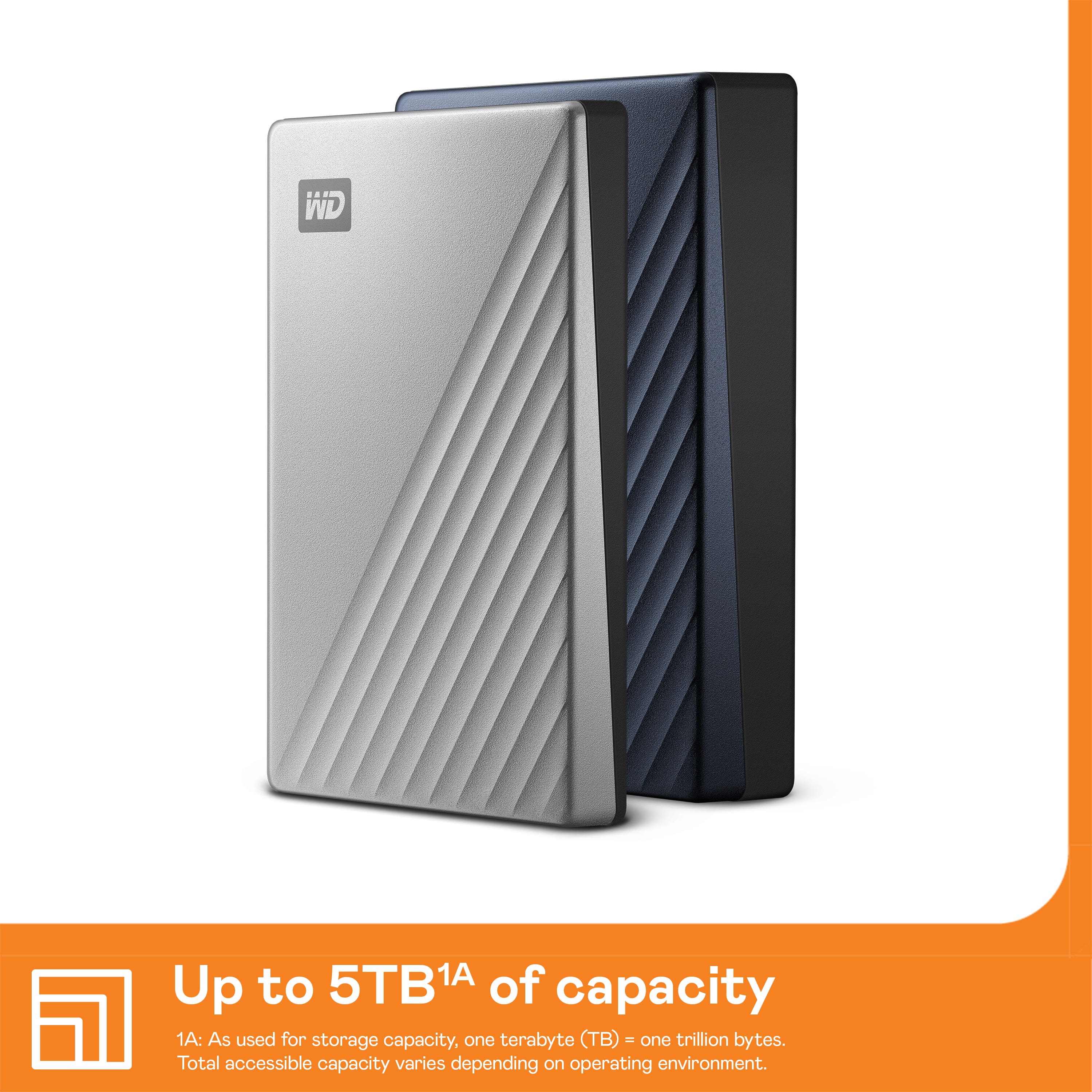 Up to 5TB of capacity. 1TB as used for storage capacity, one terabyte (TB) - one trillion bytes. Total accessible capacity varies depending on operating environment.