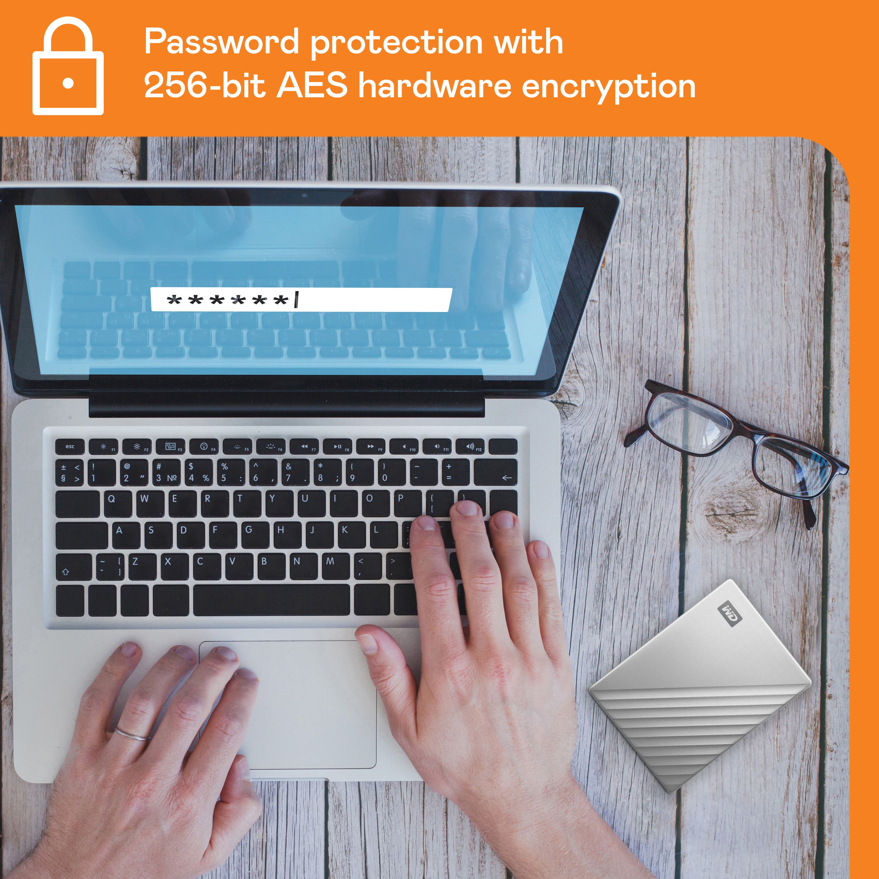 Password protection with 256-bit AES hardware encryption.