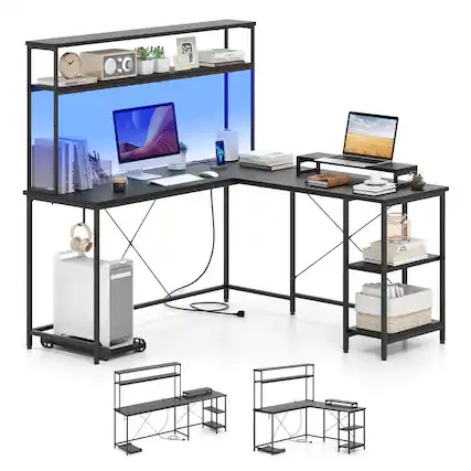 Front. Costway - Costway L-Shaped Gaming Desk with LED Strip & Power Outlets Hutch Monitor Stand CPU Stand Black - Black.