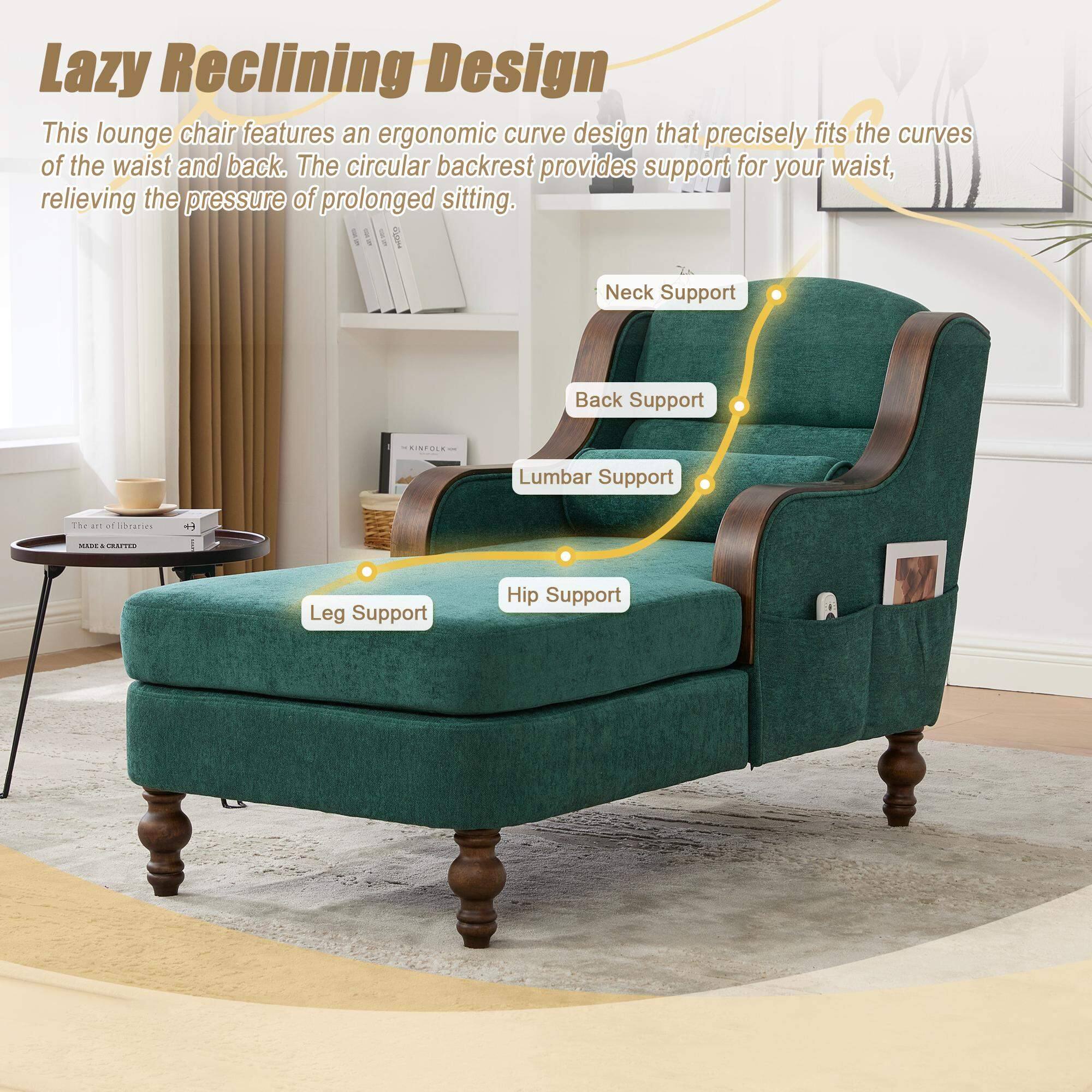 Lazy Reclining Design

This lounge chair features an ergonomic curve design that precisely fits the curves of the waist and back. The circular backrest provides support for your waist, relieving the pressure of prolonged sitting.

- Neck Support
- Back Support
- Lumbar Support
- Hip Support
- Leg Support