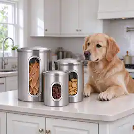 Malletson - 3-Piece Stainless Steel Pet Treat Canister Set with Clear View Windows & Airtight Lids, Kitchen Storage Containers - Silver